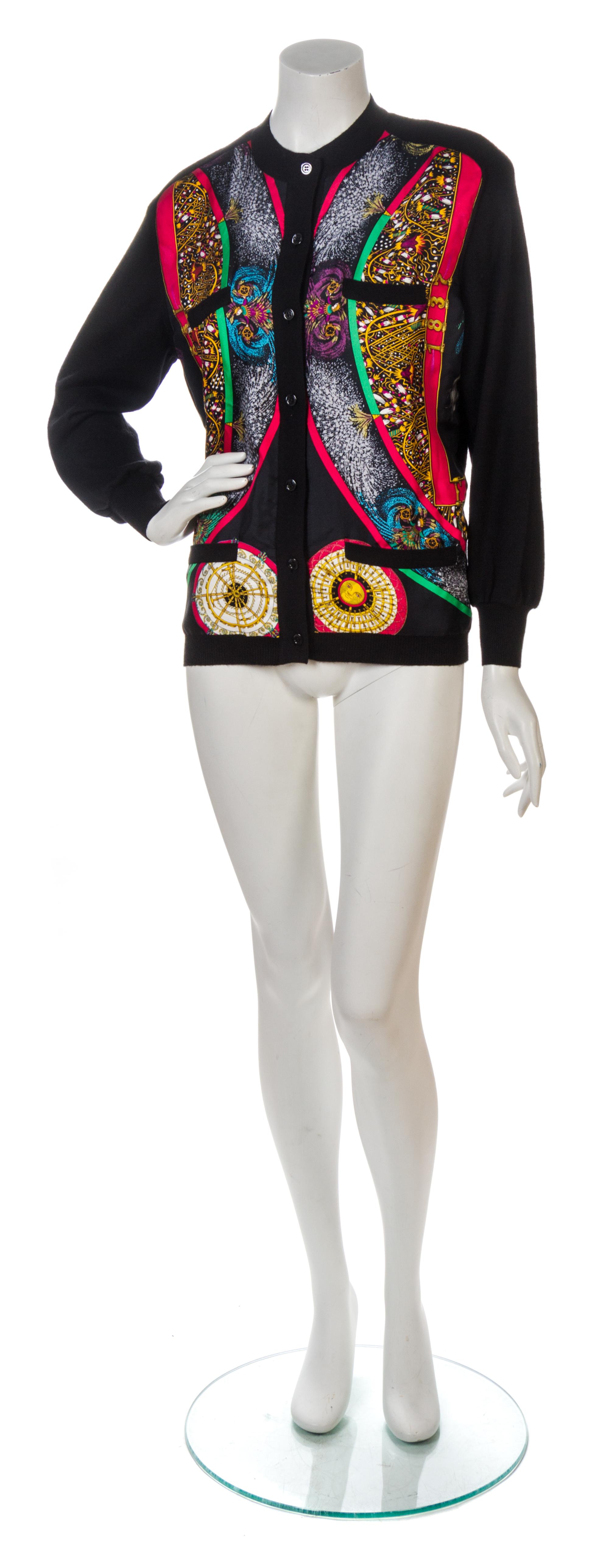 Two Rare Hermes Feux d'Artifice Print Silk Tops, Sizes 38 and 36.