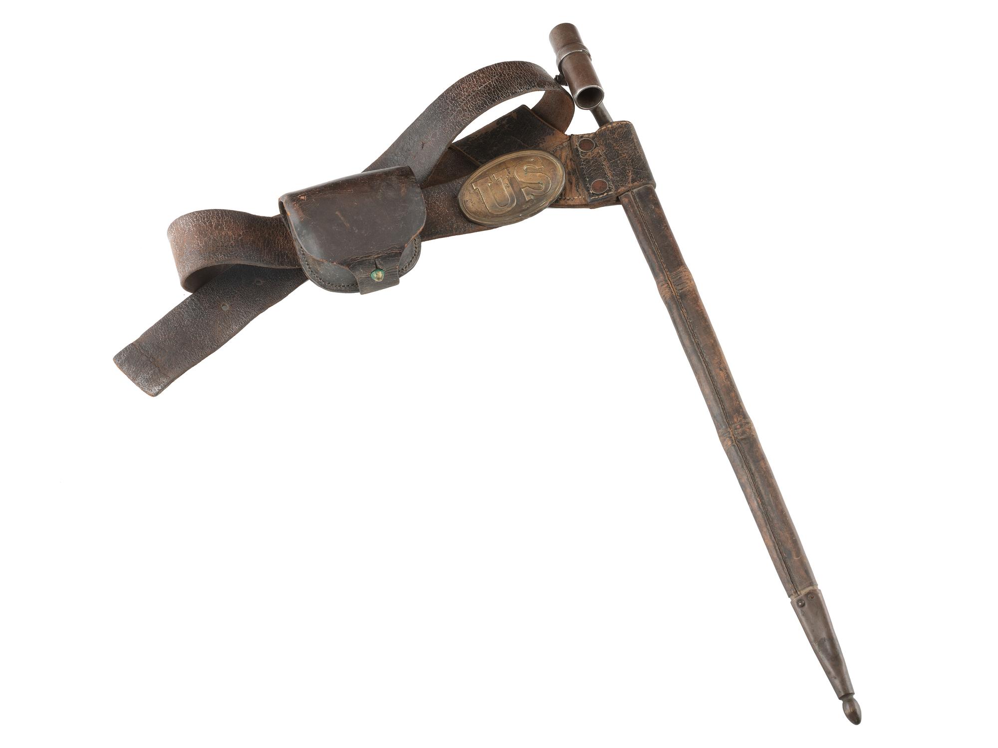 [CIVIL WAR]. US 1858 Pattern enlisted infantryman's belt equipped with 1839 Pattern "US" belt plate, socket bayonet, scabbard, and Watertown Arsenal cap pouch.