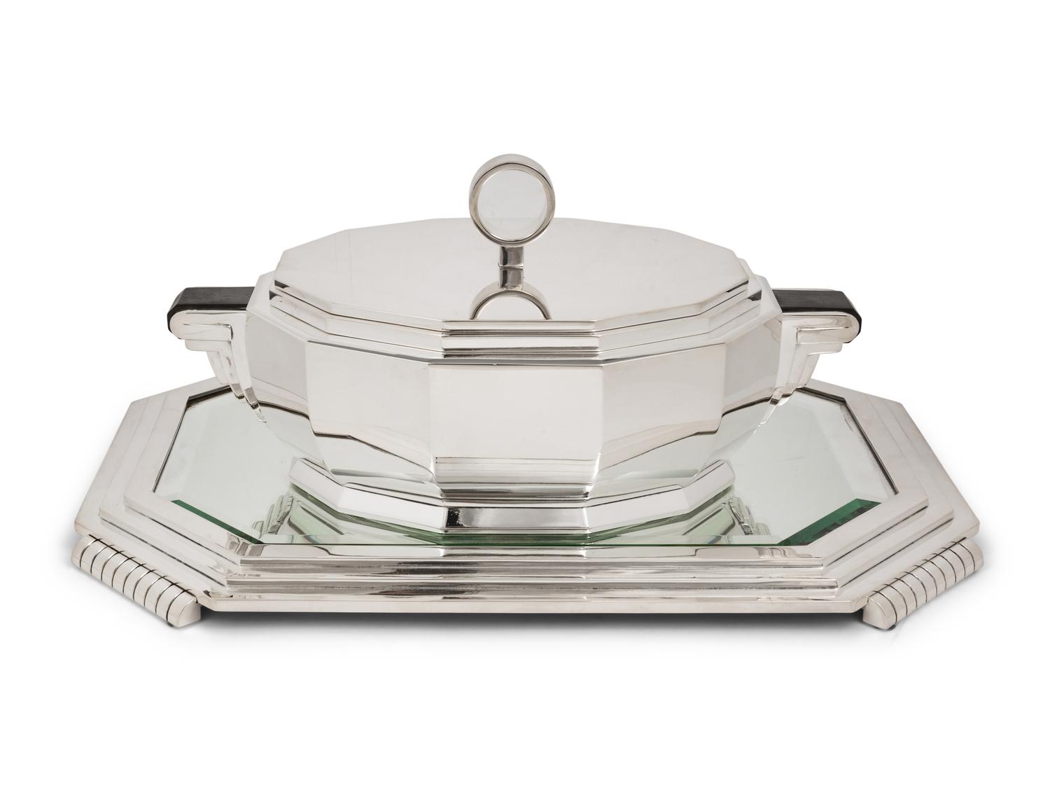 A French Art Deco Silver-Plate Tureen and Mirrored Plateau
