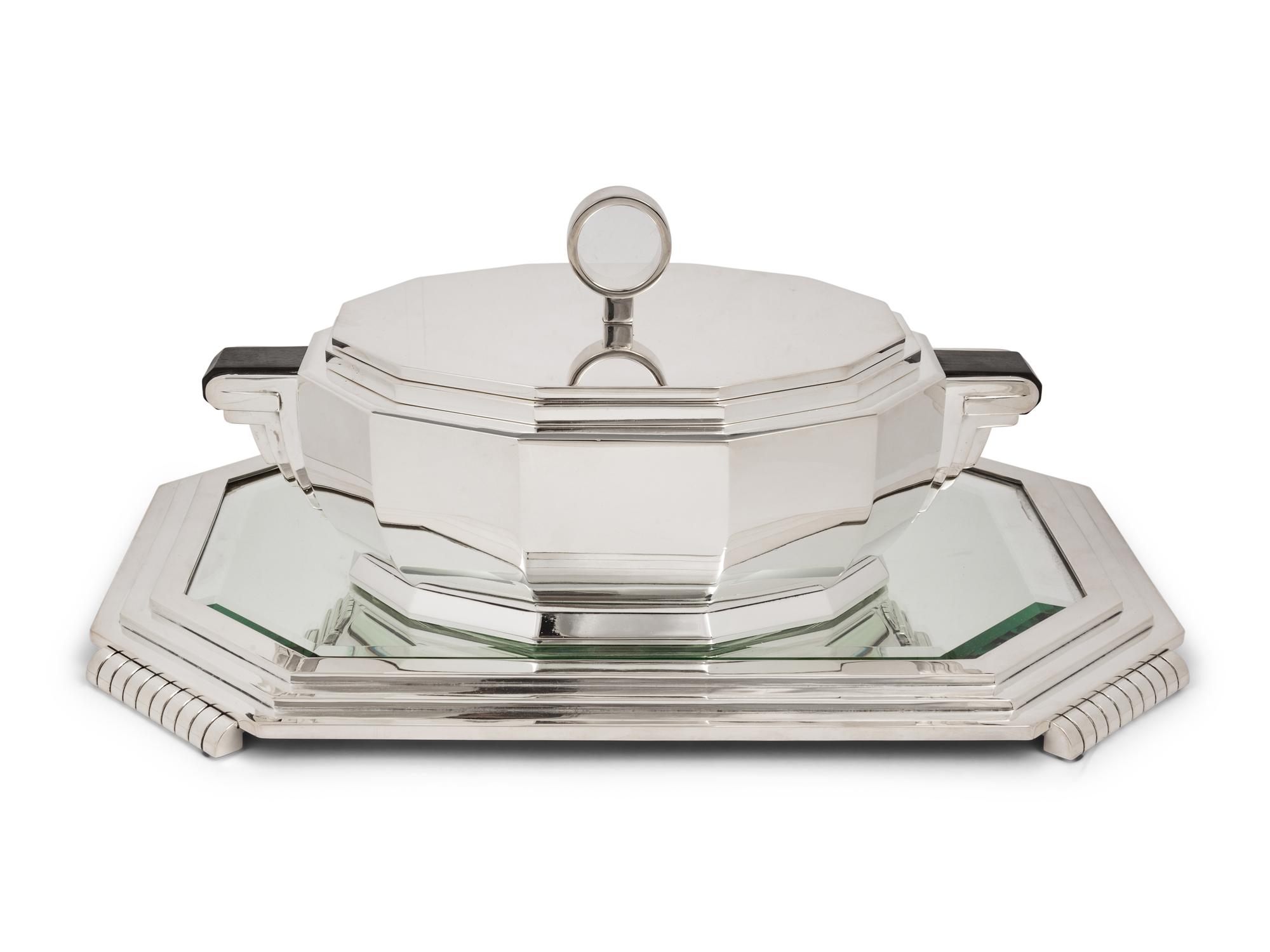 A French Art Deco Silver-Plate Tureen and Mirrored Plateau