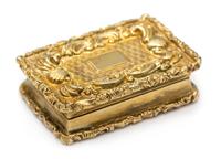 A William IV Silver-Gilt Vinaigrette, Maker's Mark E (pellet) J, Birmingham, the lid decorated with rocaille and C-scroll motifs center