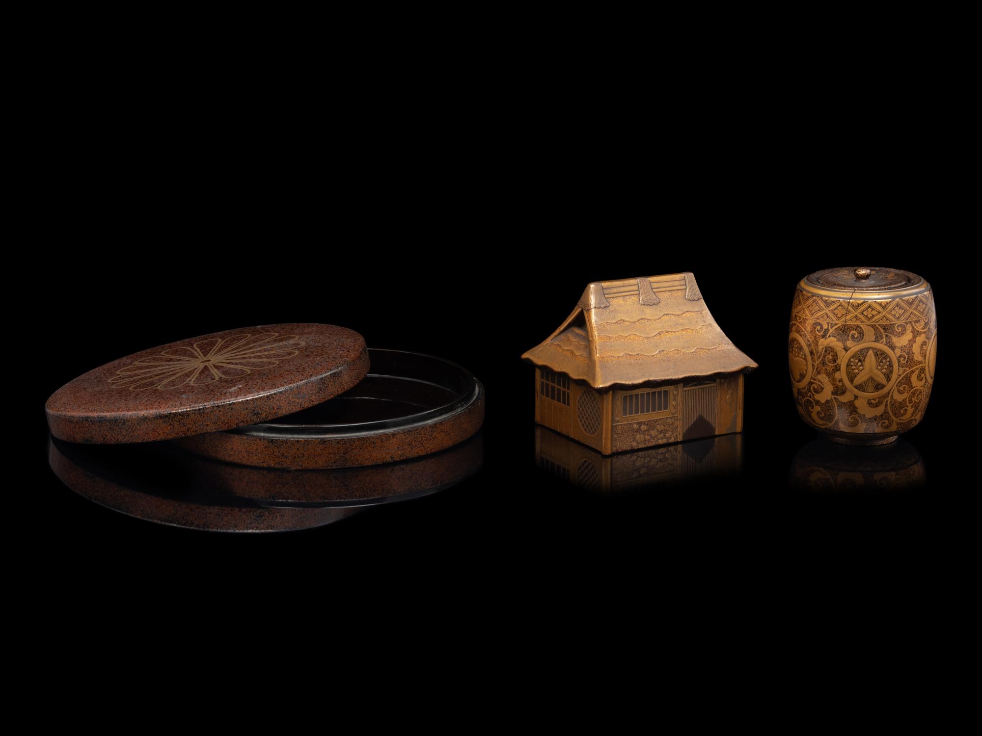 Three Japanese Red, Gold and Brown Lacquer Boxes