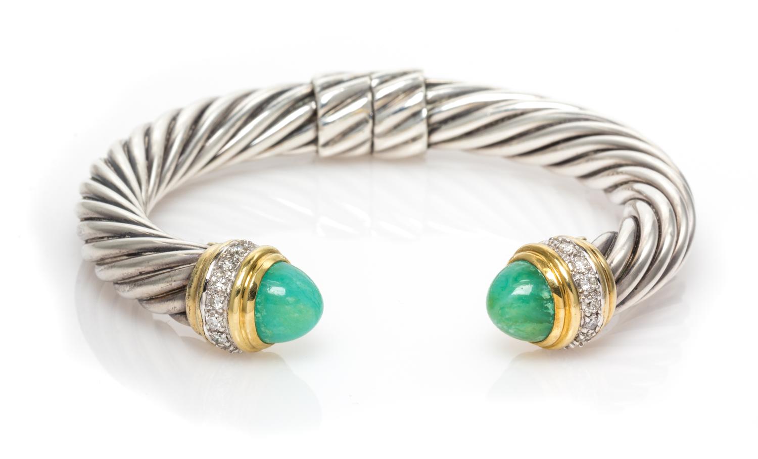 A Sterling Silver, 18 Karat Yellow Gold, Peruvian Opal and Diamond 'Cable Classic' Bracelet, David Yurman, 28.80 dwts.