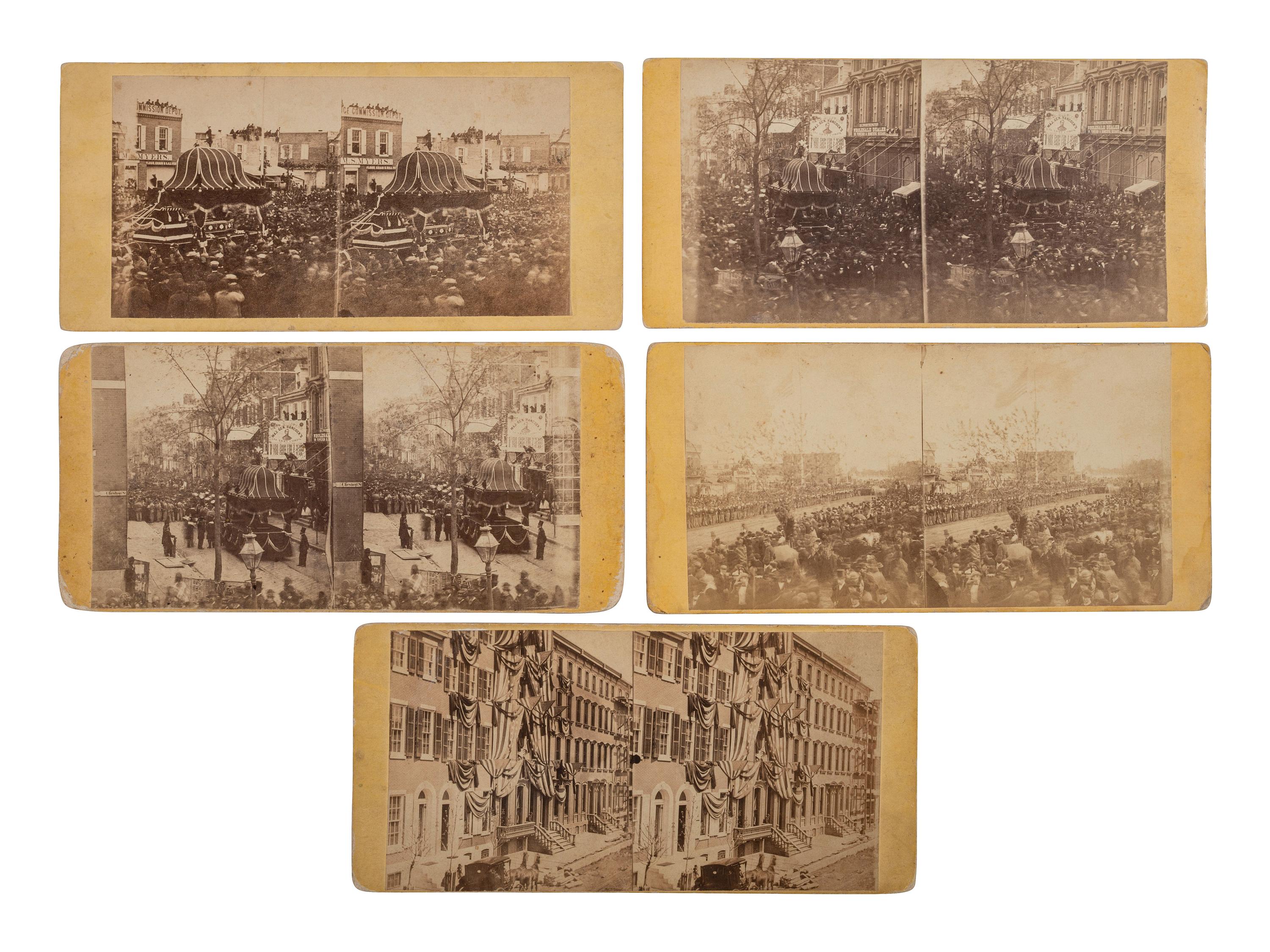 [LINCOLN FUNERAL]. A group of 5 stereoviews documenting the procession and buildings draped in mourning, Philadelphia.