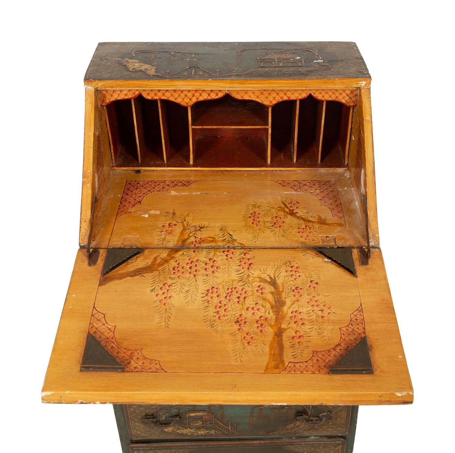An English Dark Green Japanned Slant Front Desk