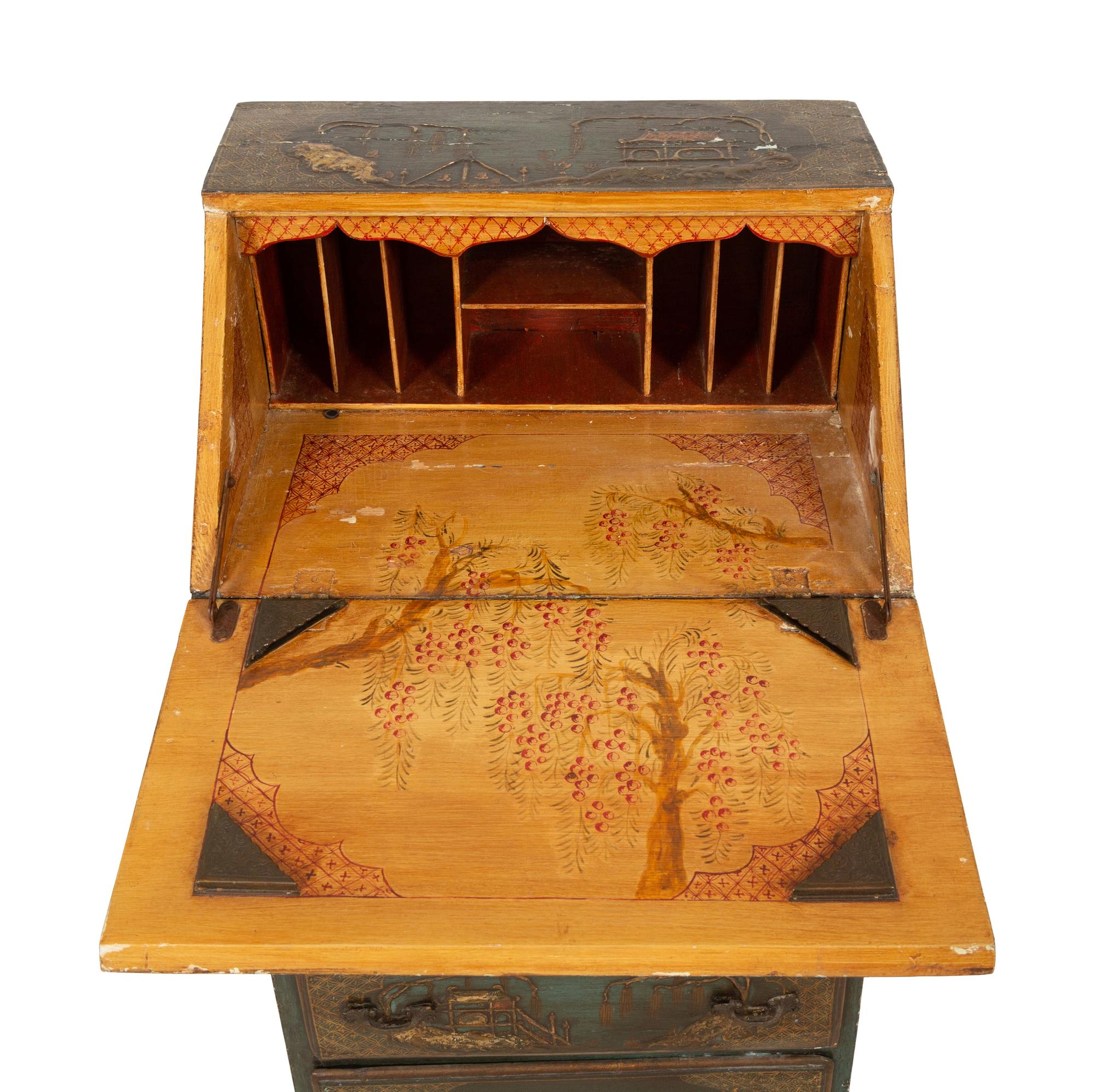 An English Dark Green Japanned Slant Front Desk