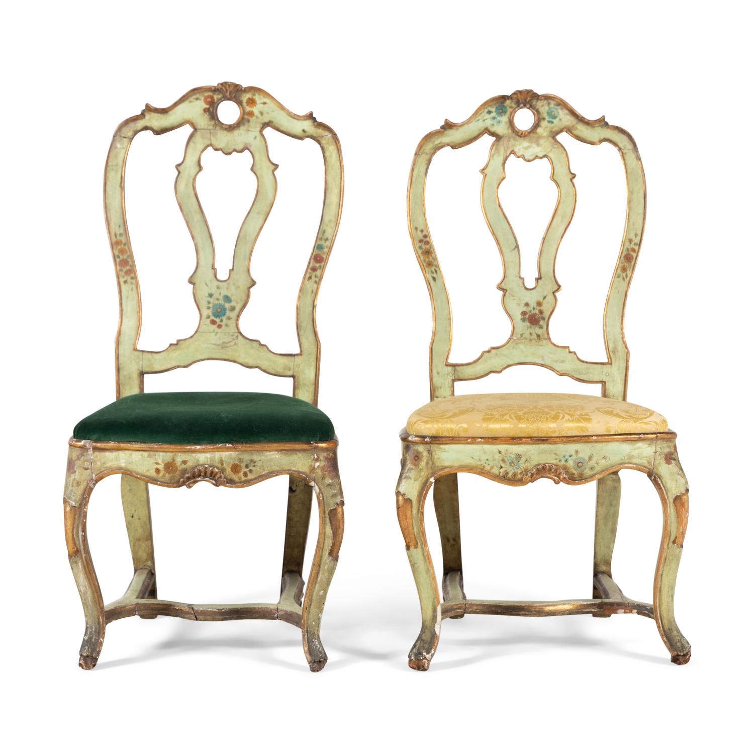 A Pair of Venetian Green and Polychrome Decorated Side Chairs