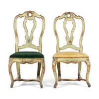 A Pair of Venetian Green and Polychrome Decorated Side Chairs
