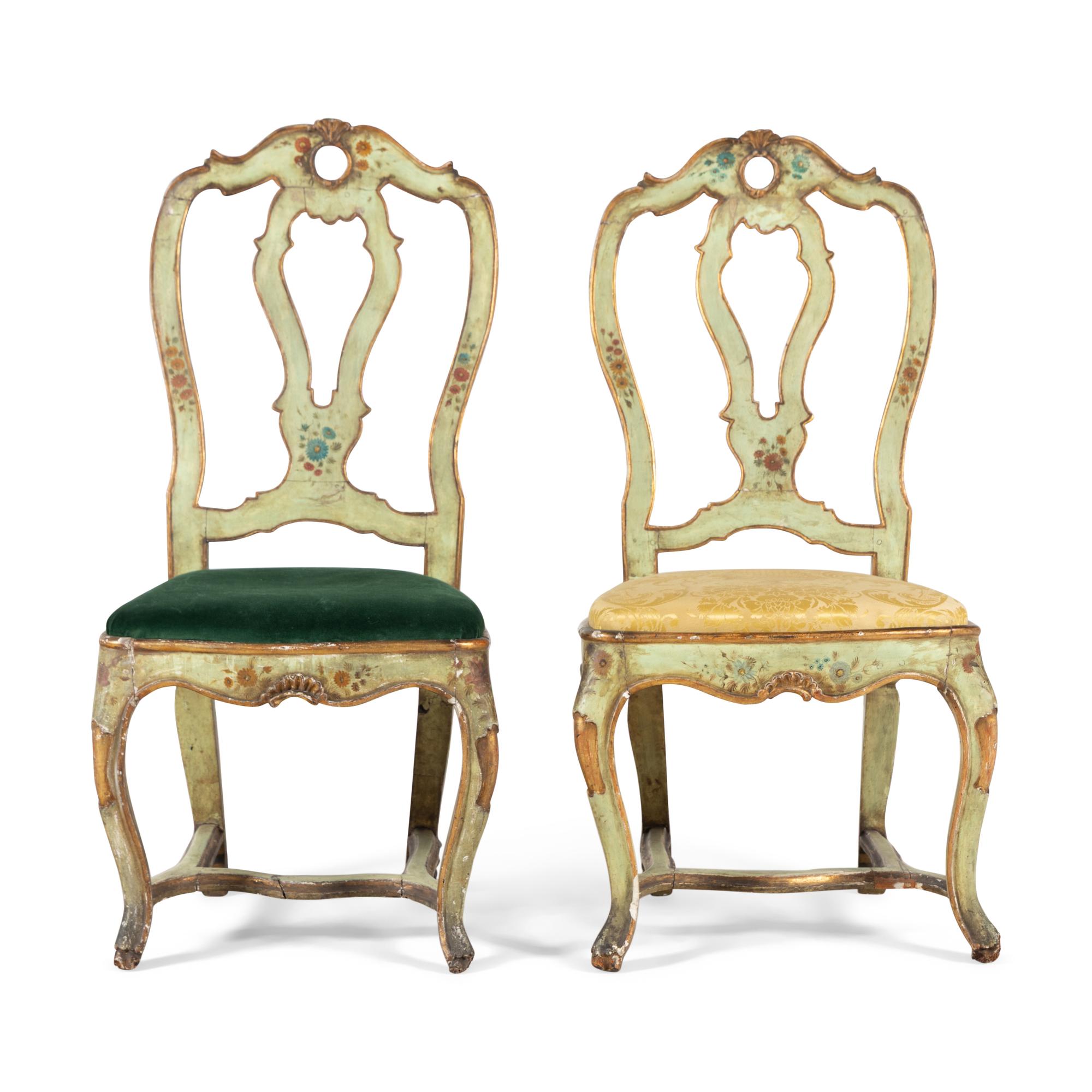 A Pair of Venetian Green and Polychrome Decorated Side Chairs