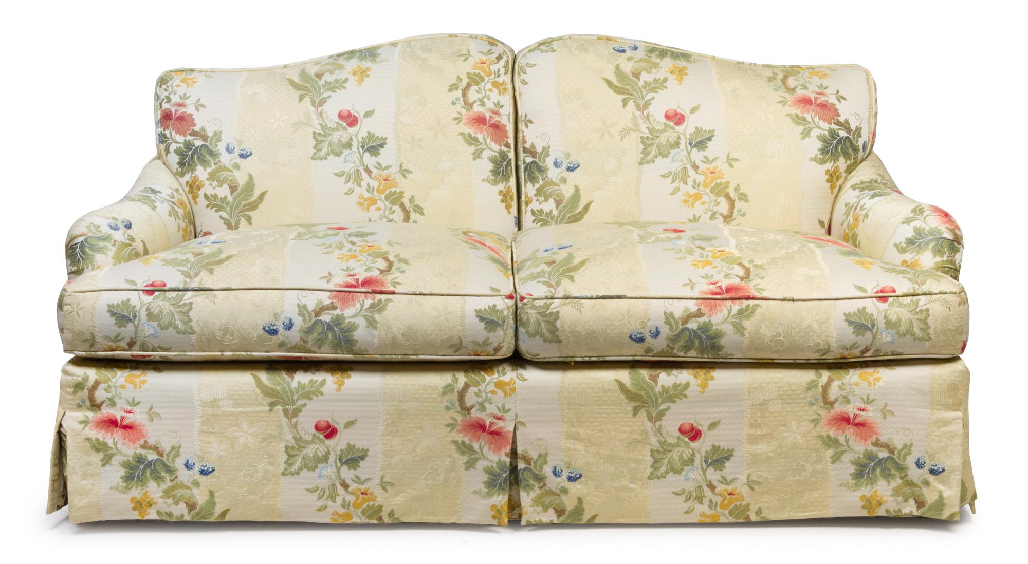 A Pair of Custom Upholstered Two-Seat Sofas Height 35 x width 65 x depth 29 inches.
