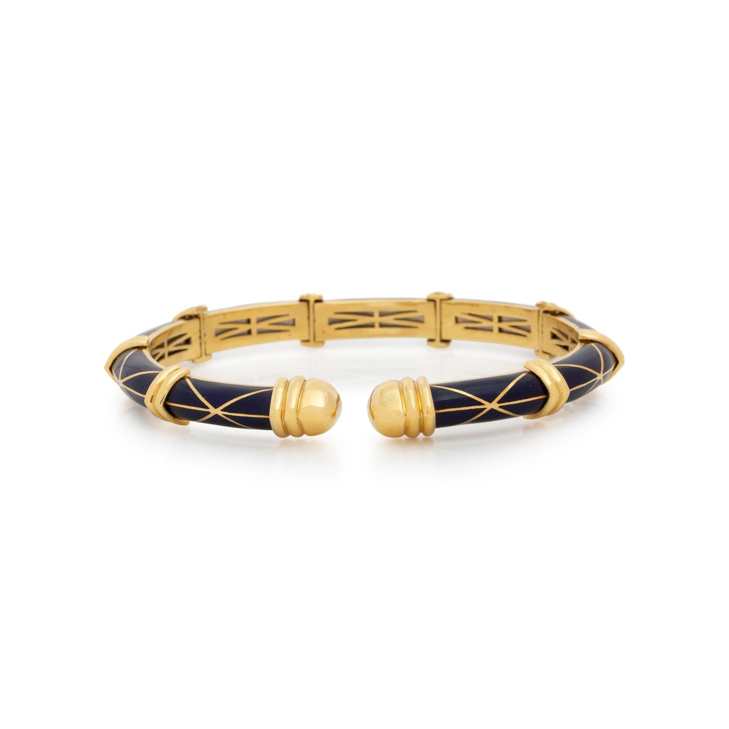 SUSY MOR, YELLOW GOLD, ENAMEL, AND DIAMOND BANGLE BRACELET