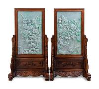 A Set of Four Chinese Export Carved Lavender and Green Jadeite Table Screens in Hardwood Stands