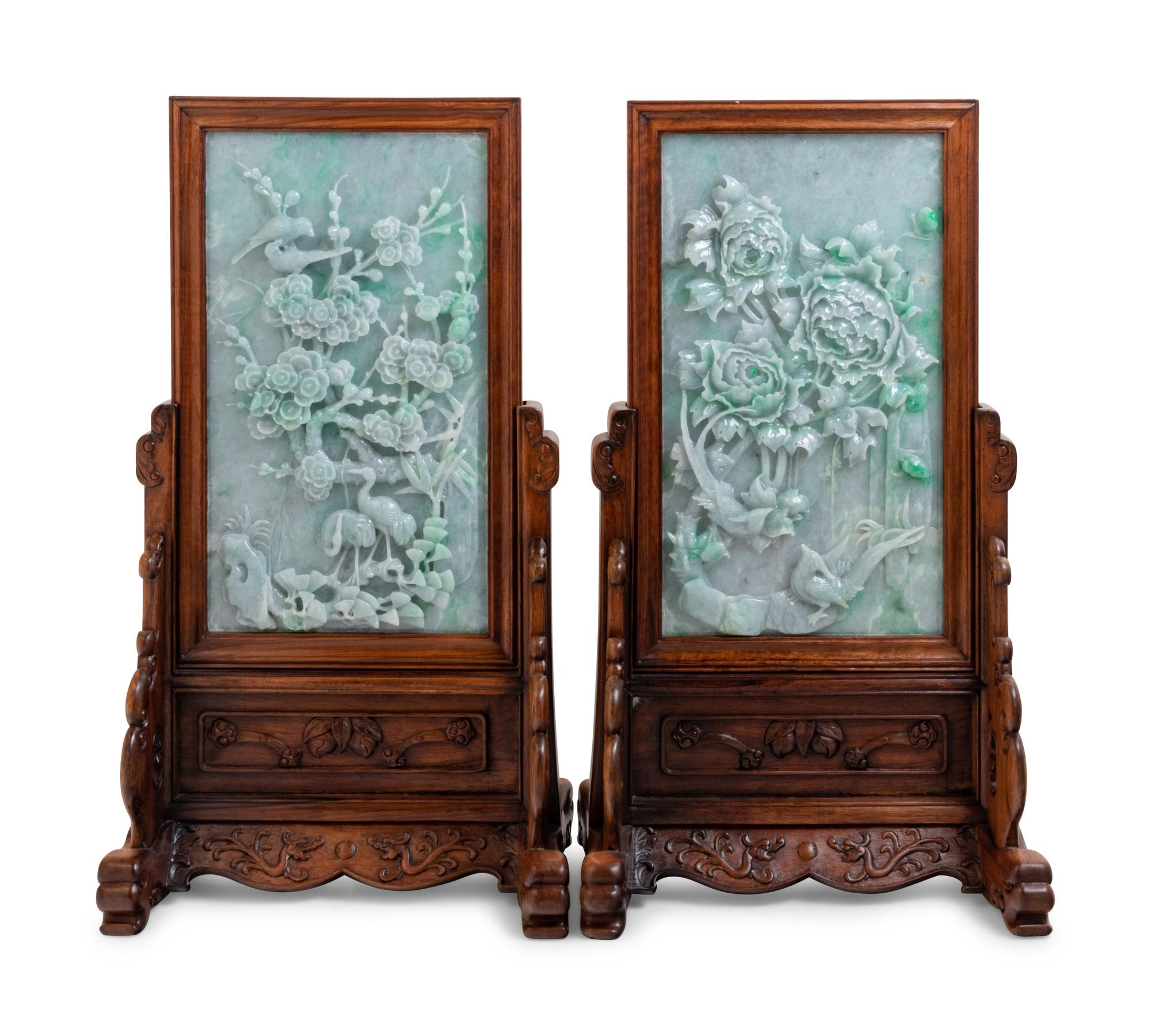 A Set of Four Chinese Export Carved Lavender and Green Jadeite Table Screens in Hardwood Stands