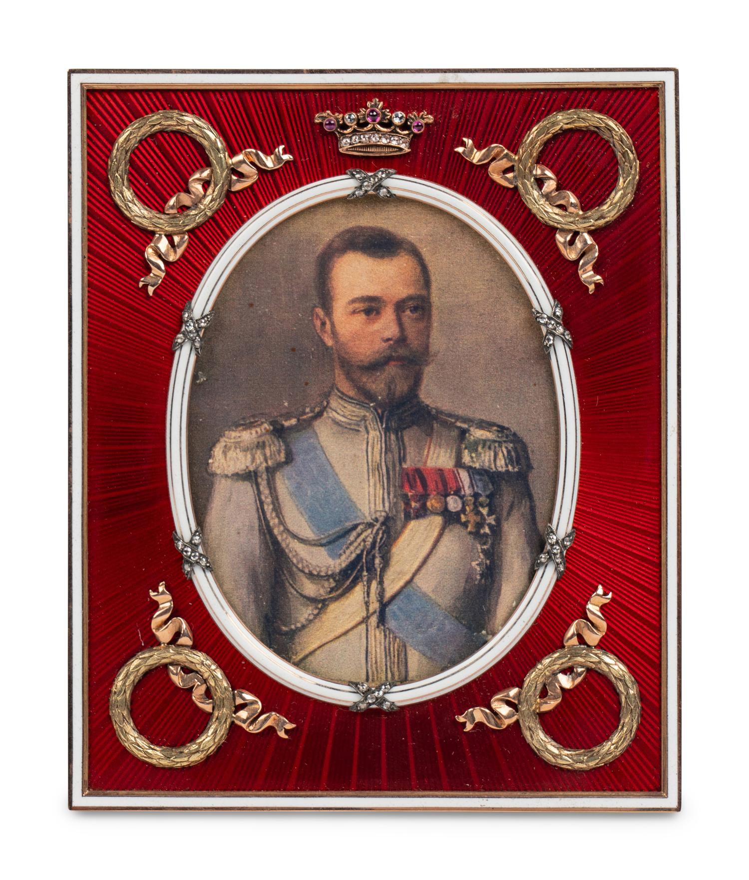 A Pair of Guilloché Enamel, 14k Vari-Color Gold, Diamond, and Cabochon-Mounted Picture Frames