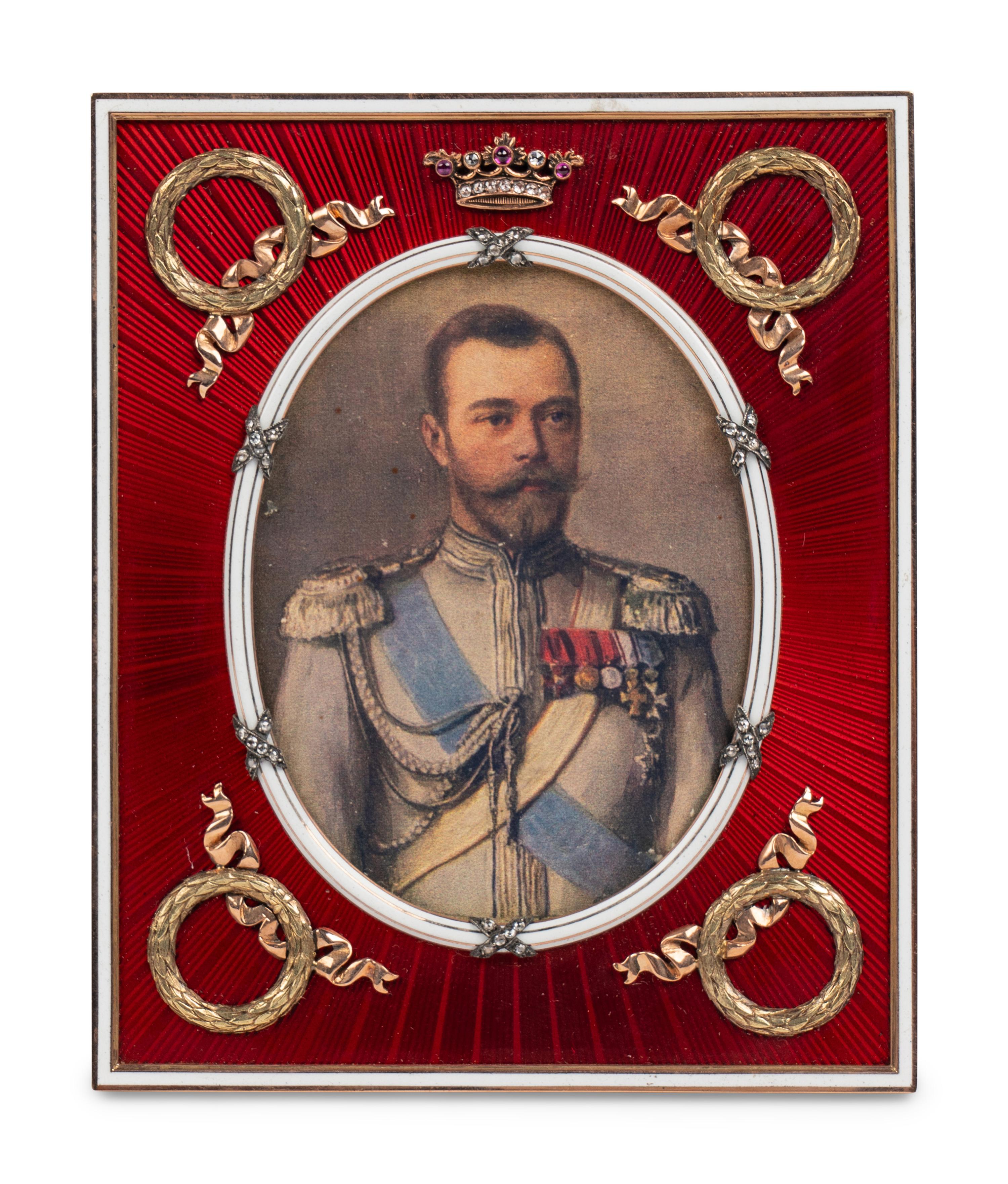A Pair of Guilloché Enamel, 14k Vari-Color Gold, Diamond, and Cabochon-Mounted Picture Frames