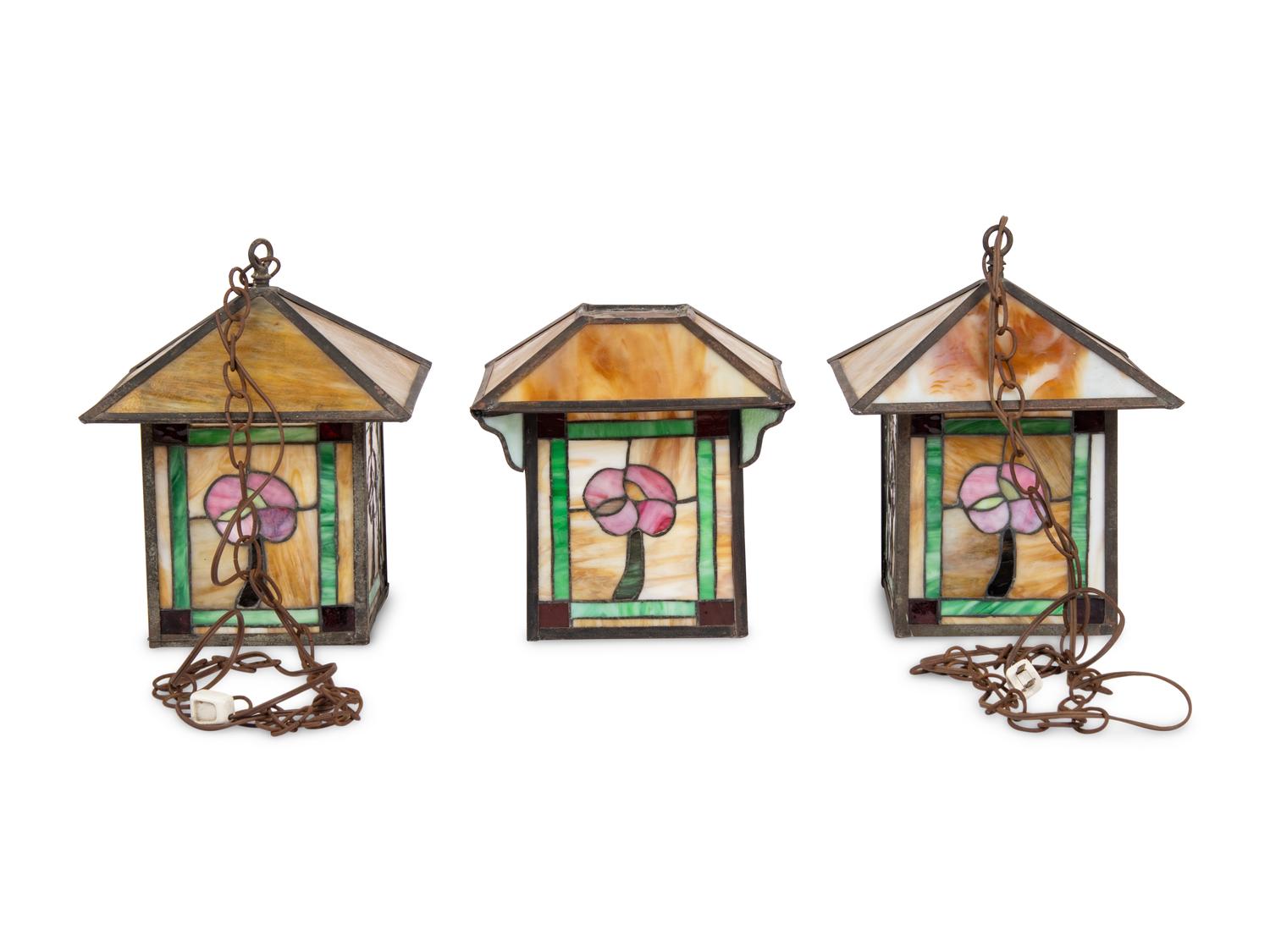 A Pair of Arts and Crafts Leaded Glass Pendant Lamps