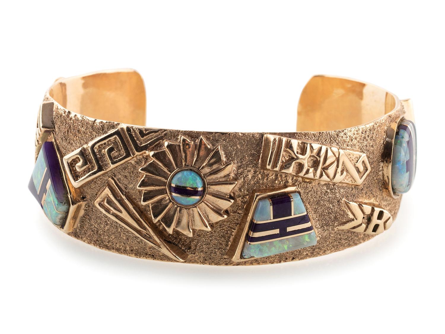 14k Gold Tufa Cast Cuff Bracelet, with Sugilite and Opal Mosaic Inlay