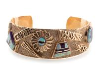 14k Gold Tufa Cast Cuff Bracelet, with Sugilite and Opal Mosaic Inlay