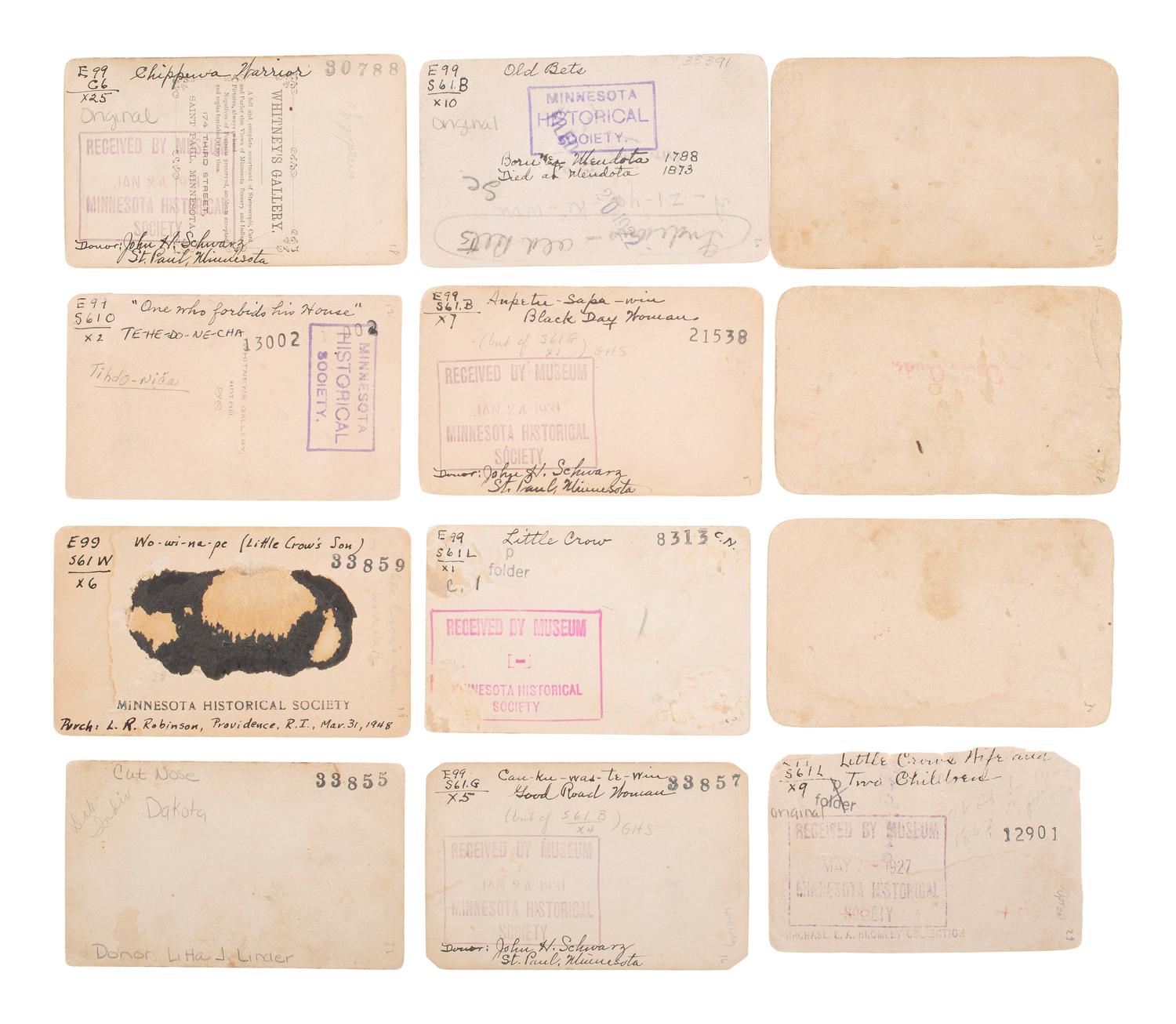 [NATIVE AMERICANS]. Album containing CDVs of Sioux involved in the 1862 Dakota Uprising in Minnesota containing photographs by Joel Whitney, B.F. Upton, and Martin's Gallery of St. Paul, MN.