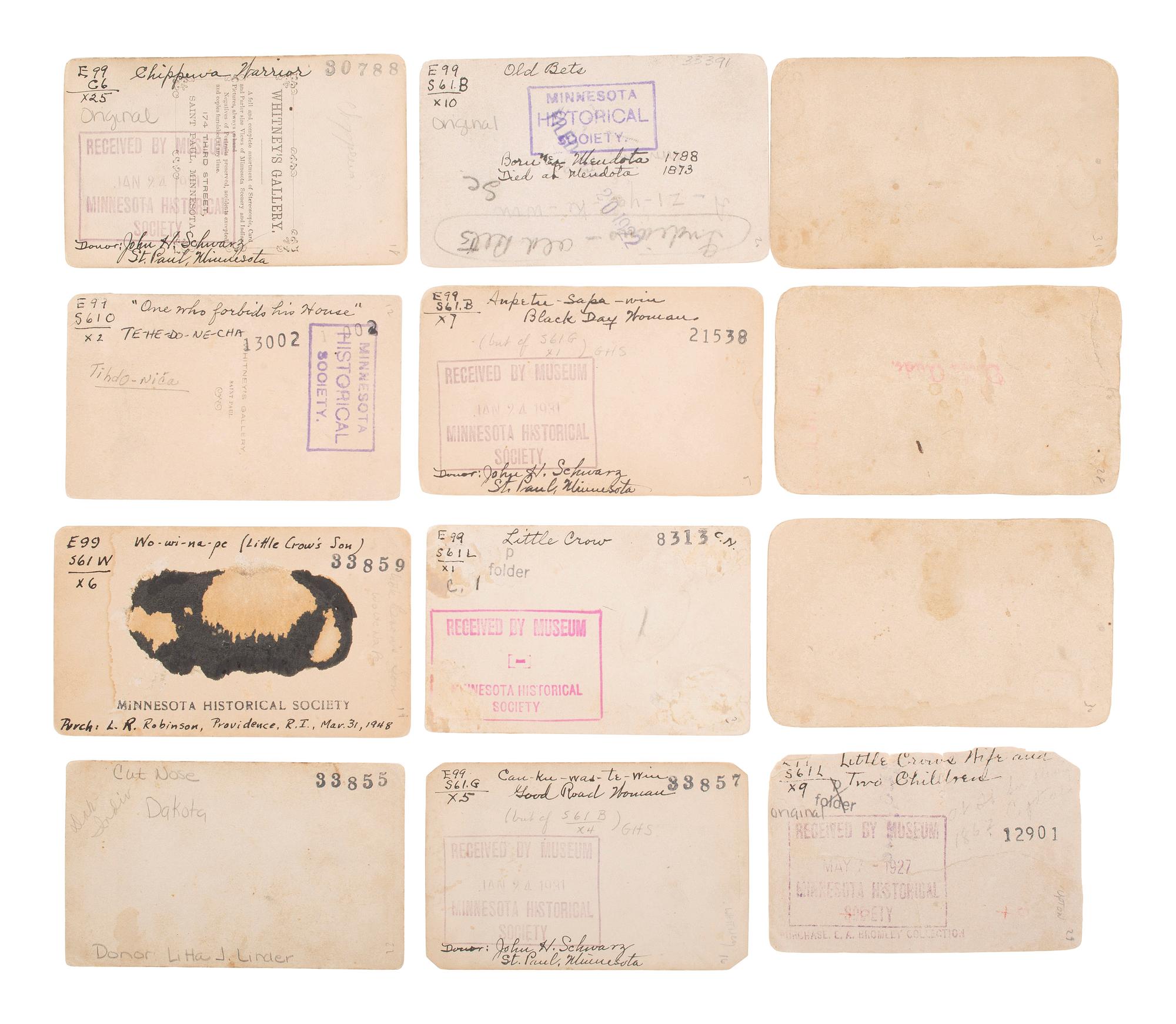 [NATIVE AMERICANS]. Album containing CDVs of Sioux involved in the 1862 Dakota Uprising in Minnesota containing photographs by Joel Whitney, B.F. Upton, and Martin's Gallery of St. Paul, MN.