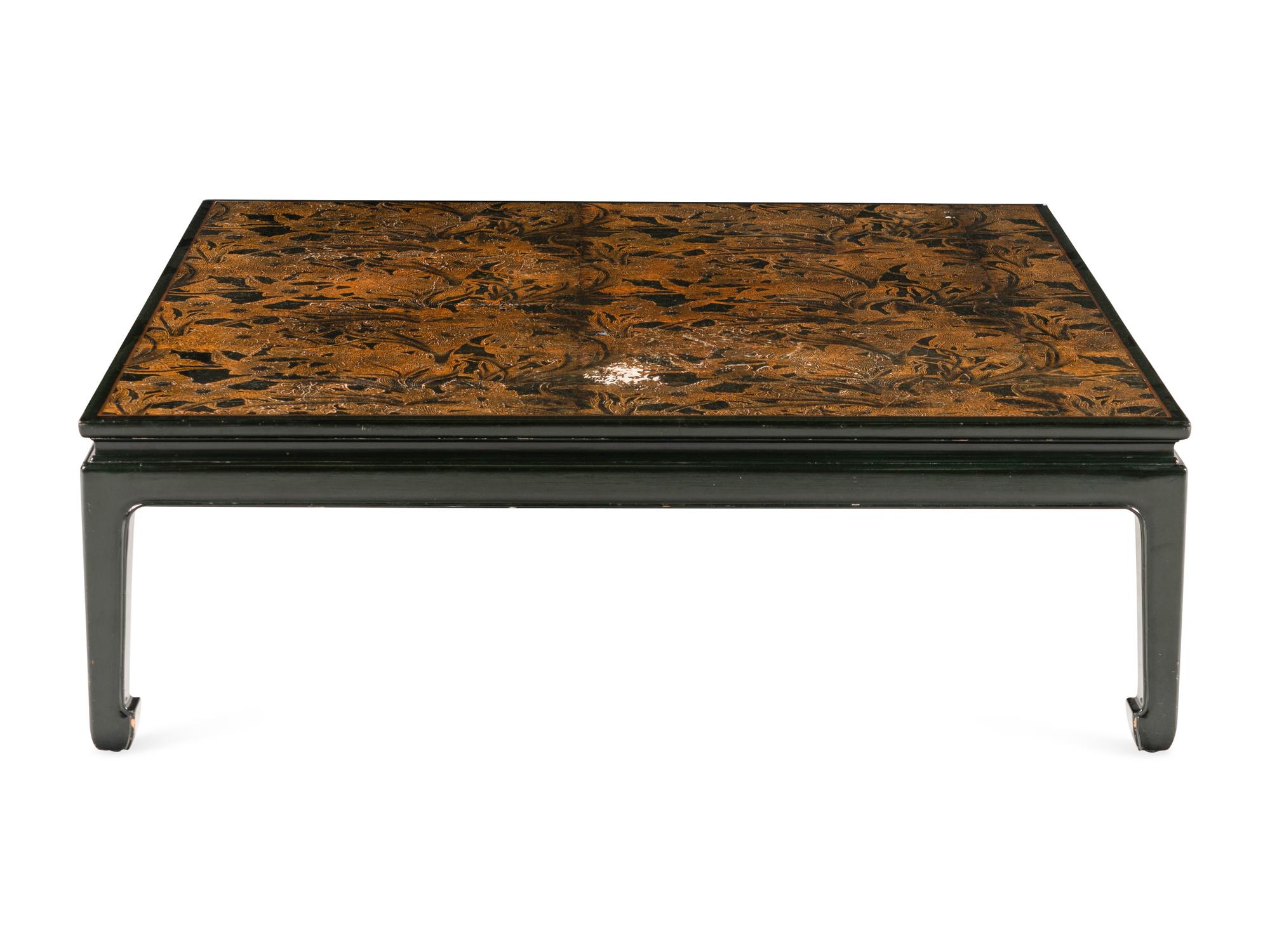 A Contemporary Black Lacquered and Parcel-Gilt Low Table