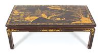 A Chinoiserie Decorated Black and Gilt Lacquered Low Table Height 15 1/2 x width 44 1/2 x depth 22 1/2 inches. — 19TH/20TH CENTURY