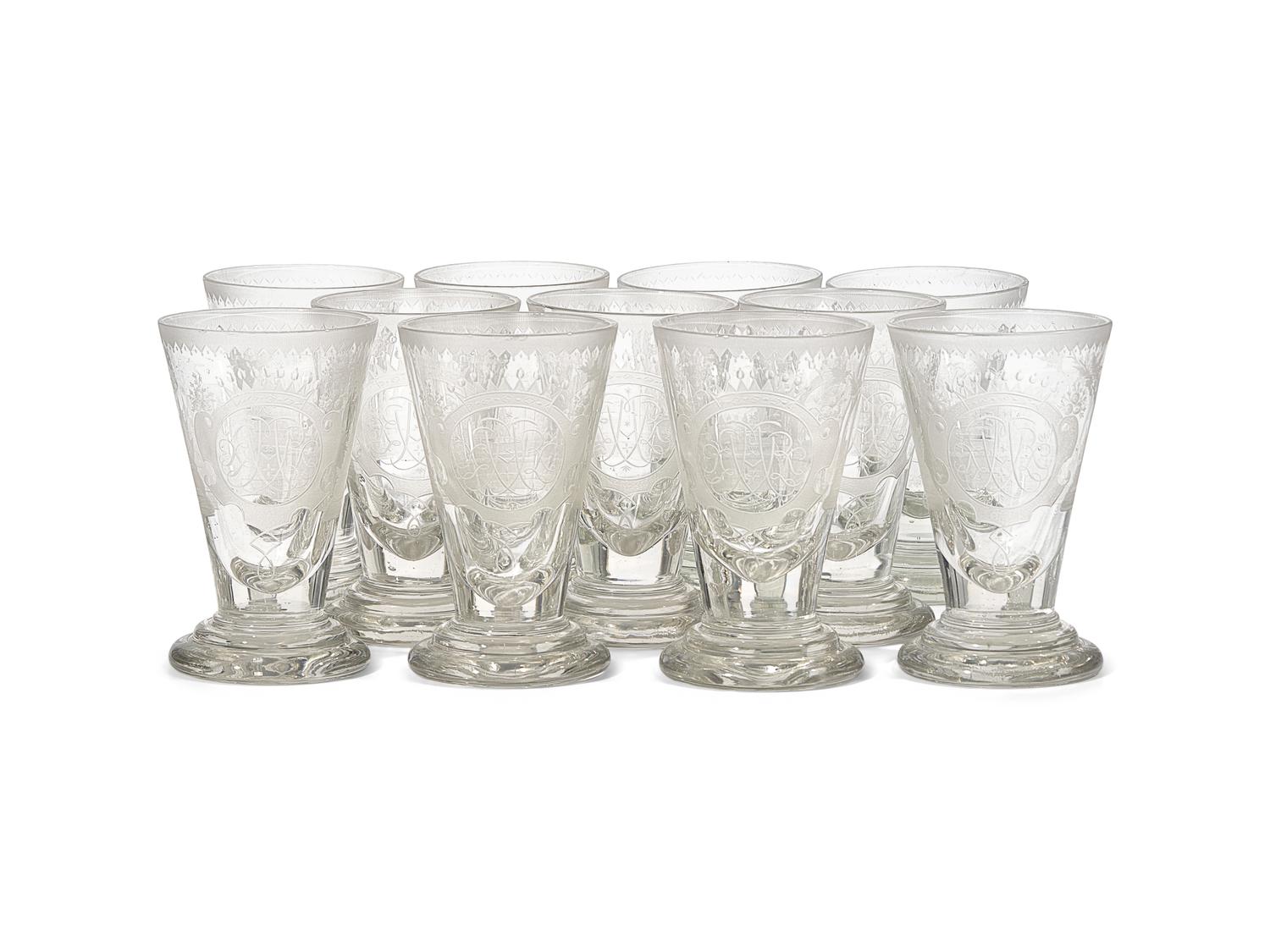 A Set of Eleven Louis XVI Style Blown and Etched Drinking Glasses Bearing The Monogram of Marie Antoinette