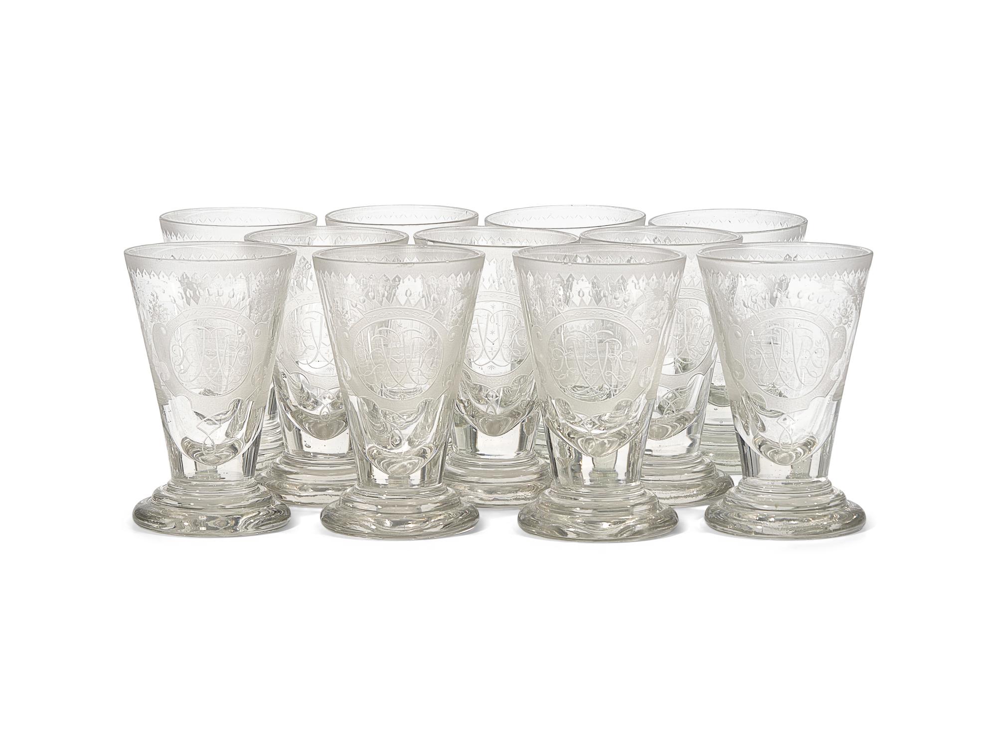 A Set of Eleven Louis XVI Style Blown and Etched Drinking Glasses Bearing The Monogram of Marie Antoinette