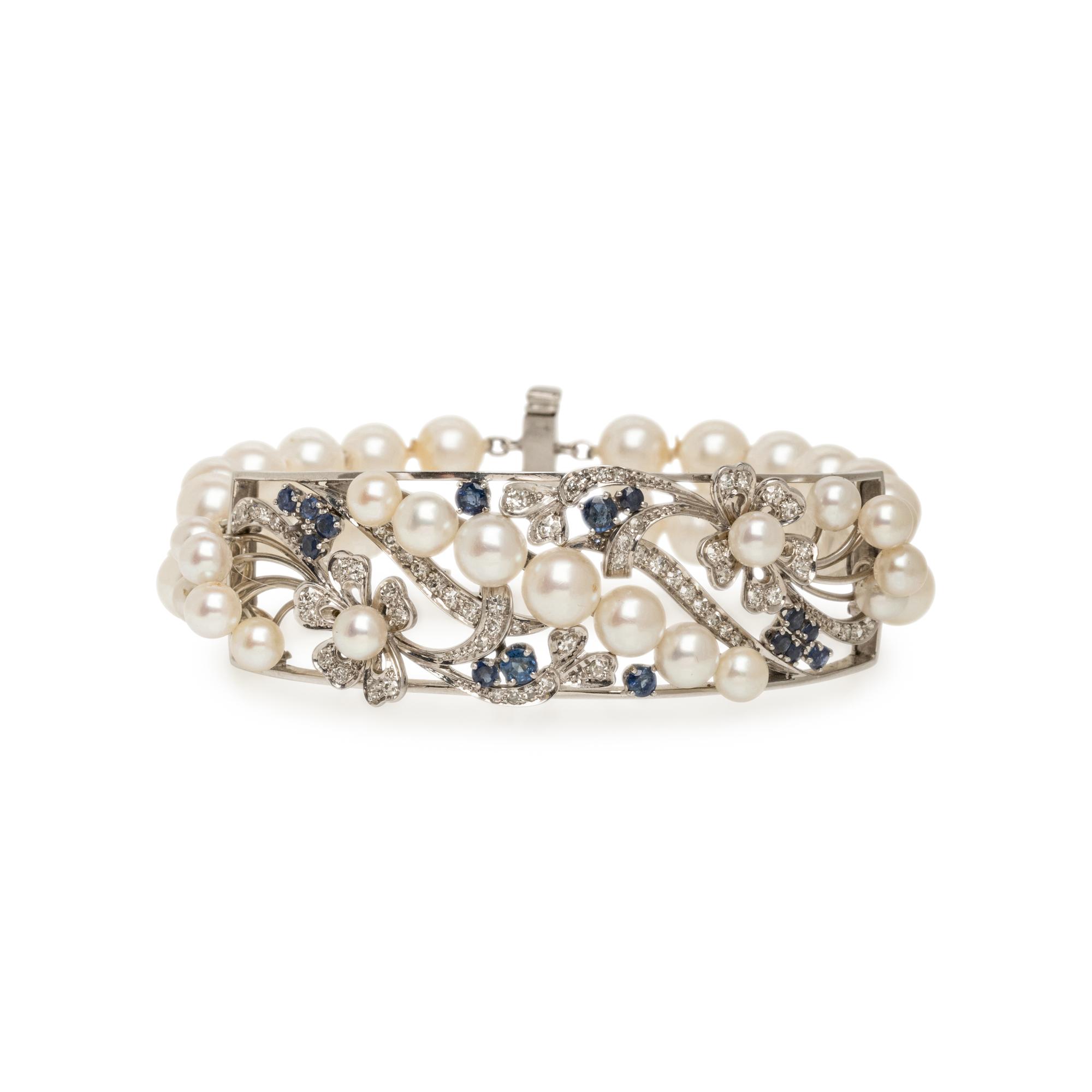 CULTURED PEARL, DIAMOND, AND SAPPHIRE BRACELET