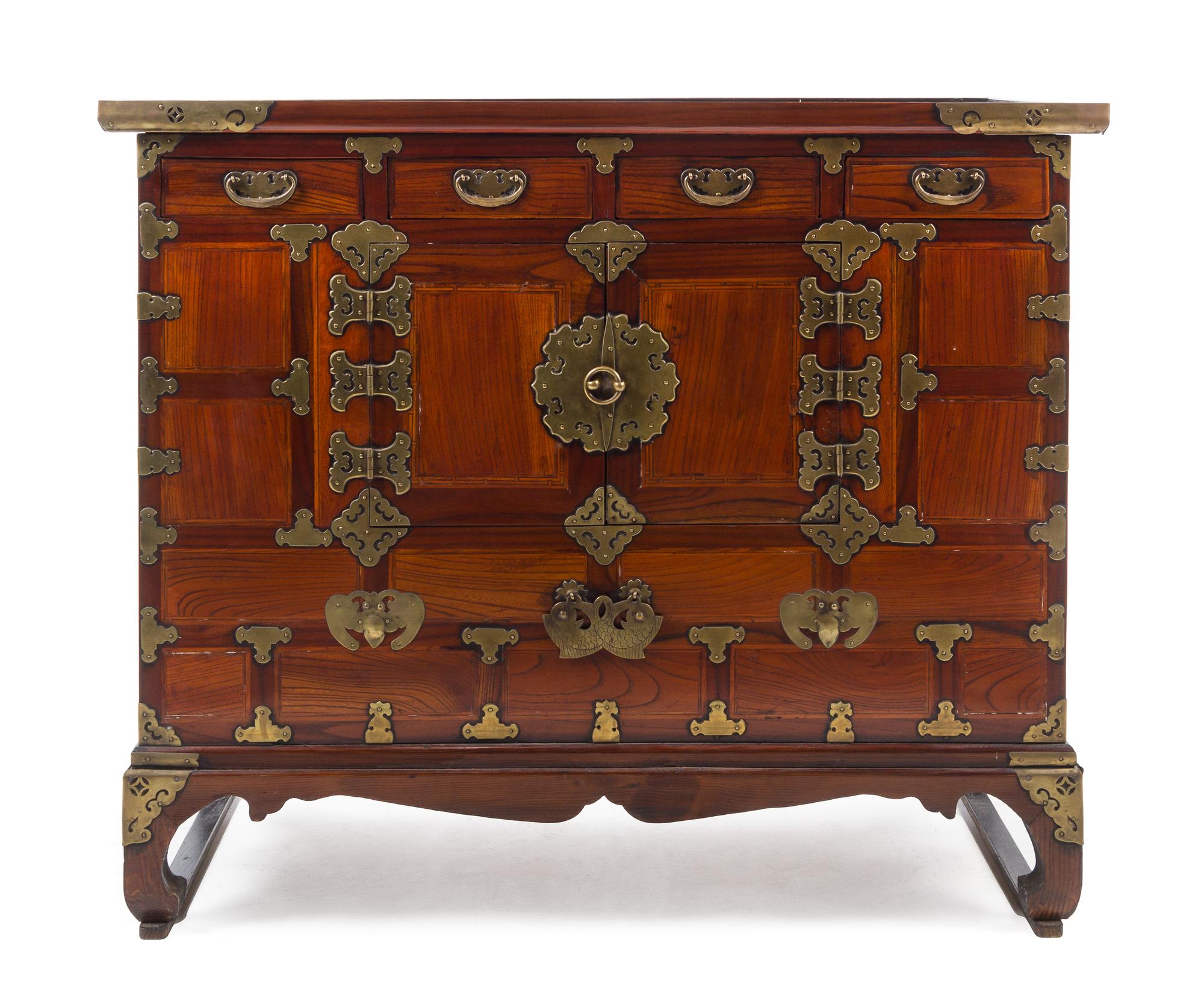 A Korean Brass Mounted Hardwood Chest Height 31 7/8 x length 37 7/8 x depth 18 inches. — 19TH CENTURY