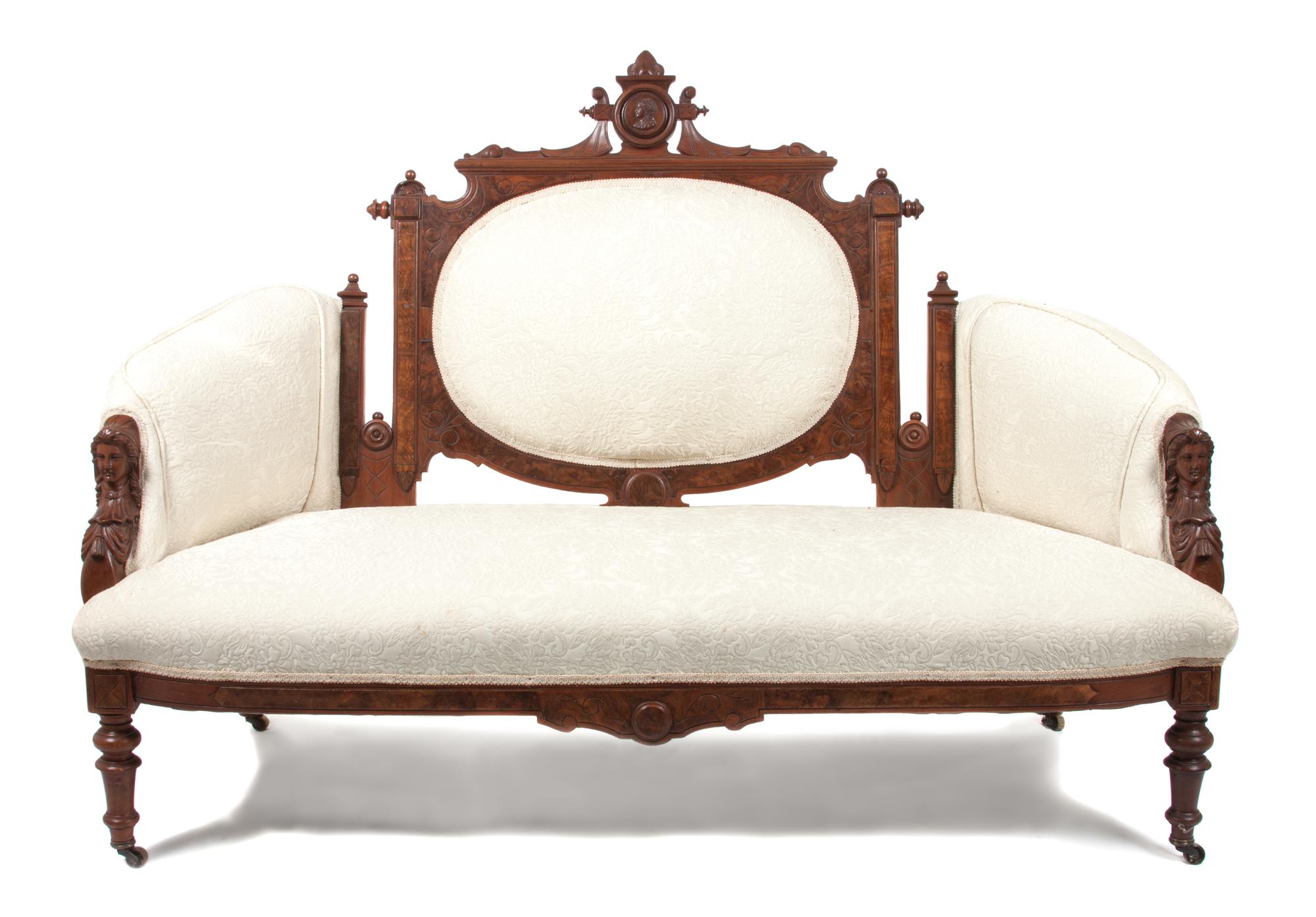 A Victorian Burlwood Parlor Suite Width of first 63 inches. — 19TH CENTURY, ATTRIBUTED TO JOHN JELLIFF