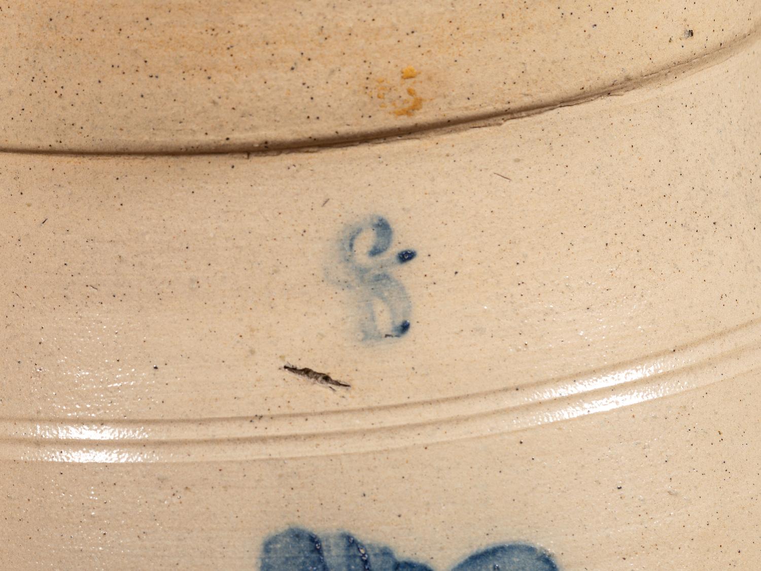 Two Cobalt Decorated Six-Gallon Stoneware Churns