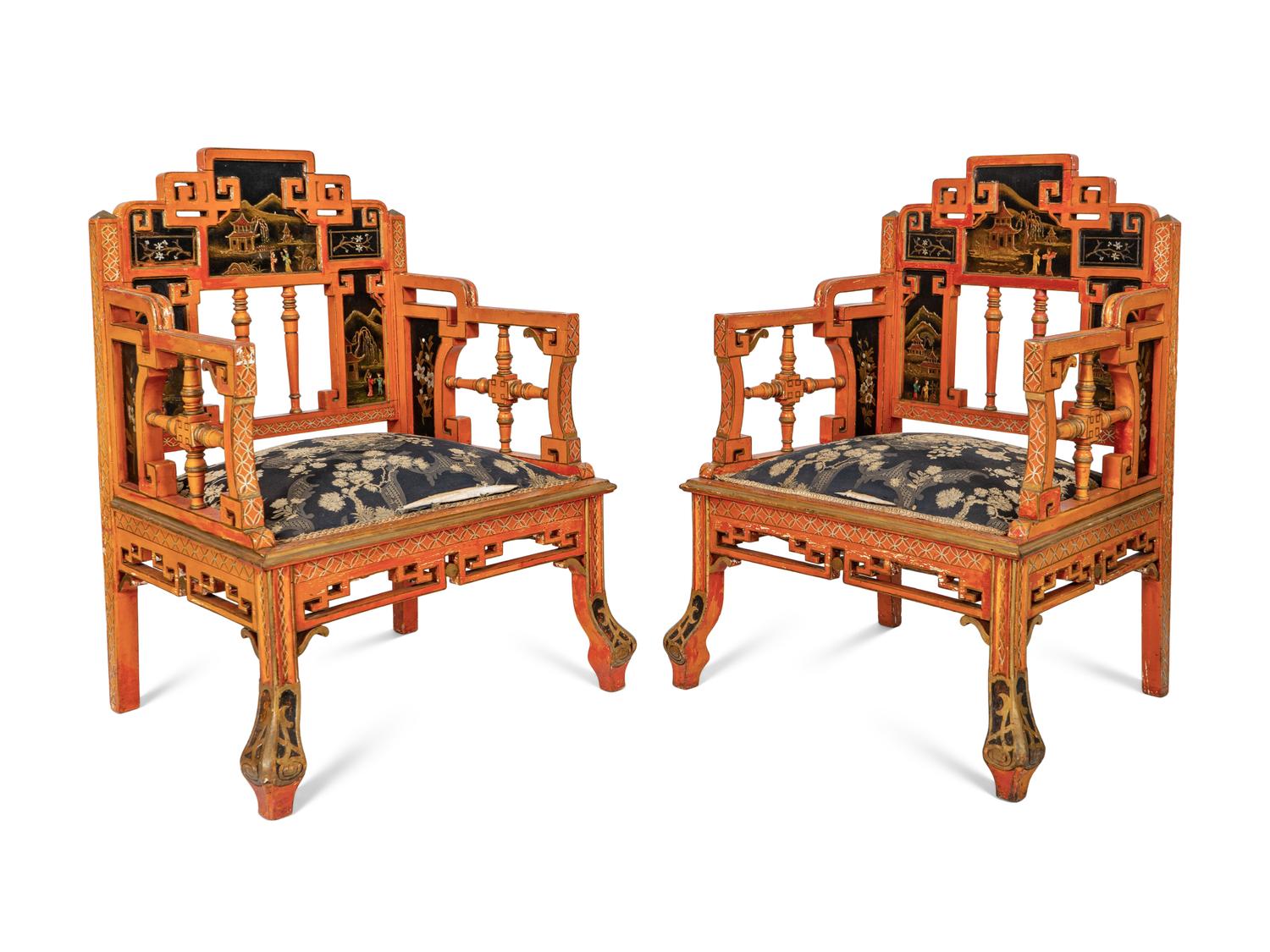 A Seven-Piece Red Painted Chinoiserie Decorated Salon Suite
