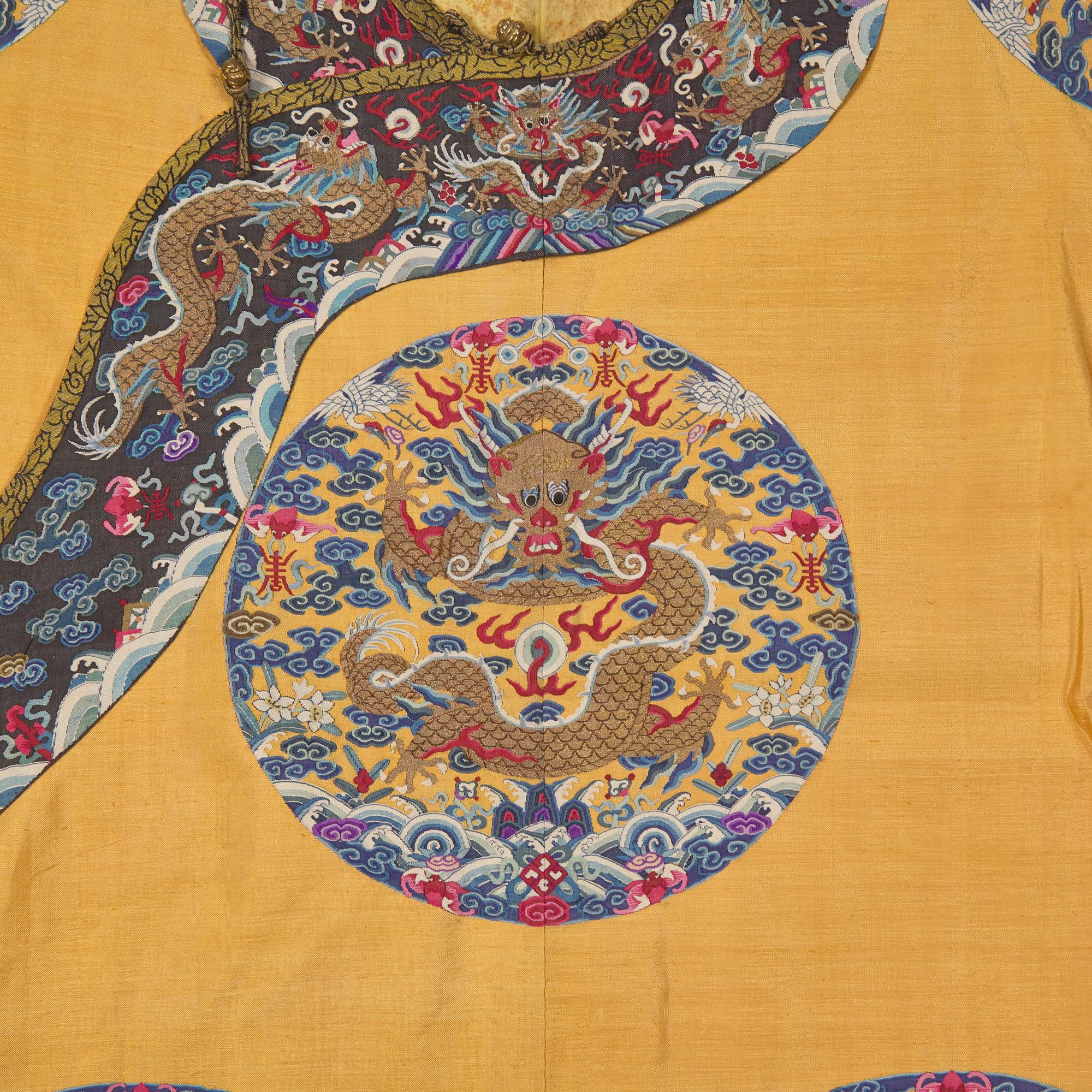 A Chinese Yellow Kesi Dragon Roundel Robe, Late 19th Century 清晚期 黃地緙絲龍袍