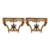 A Pair of Italian Neoclassical Style Painted and Parcel Gilt Marble-Top Console Tables