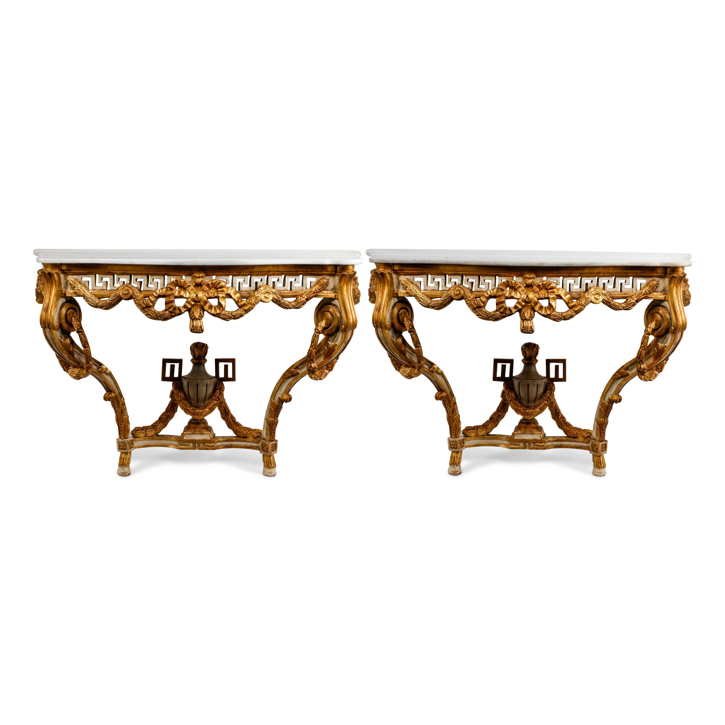 A Pair of Italian Neoclassical Style Painted and Parcel Gilt Marble-Top Console Tables
