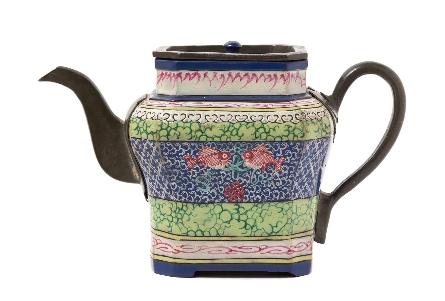 A Chinese Pewter Mounted Yixing Teapot 19TH CENTURY OR EARLIER Height 5 1/2 x width 9 inches. — 19TH CENTURY OR EARLIER