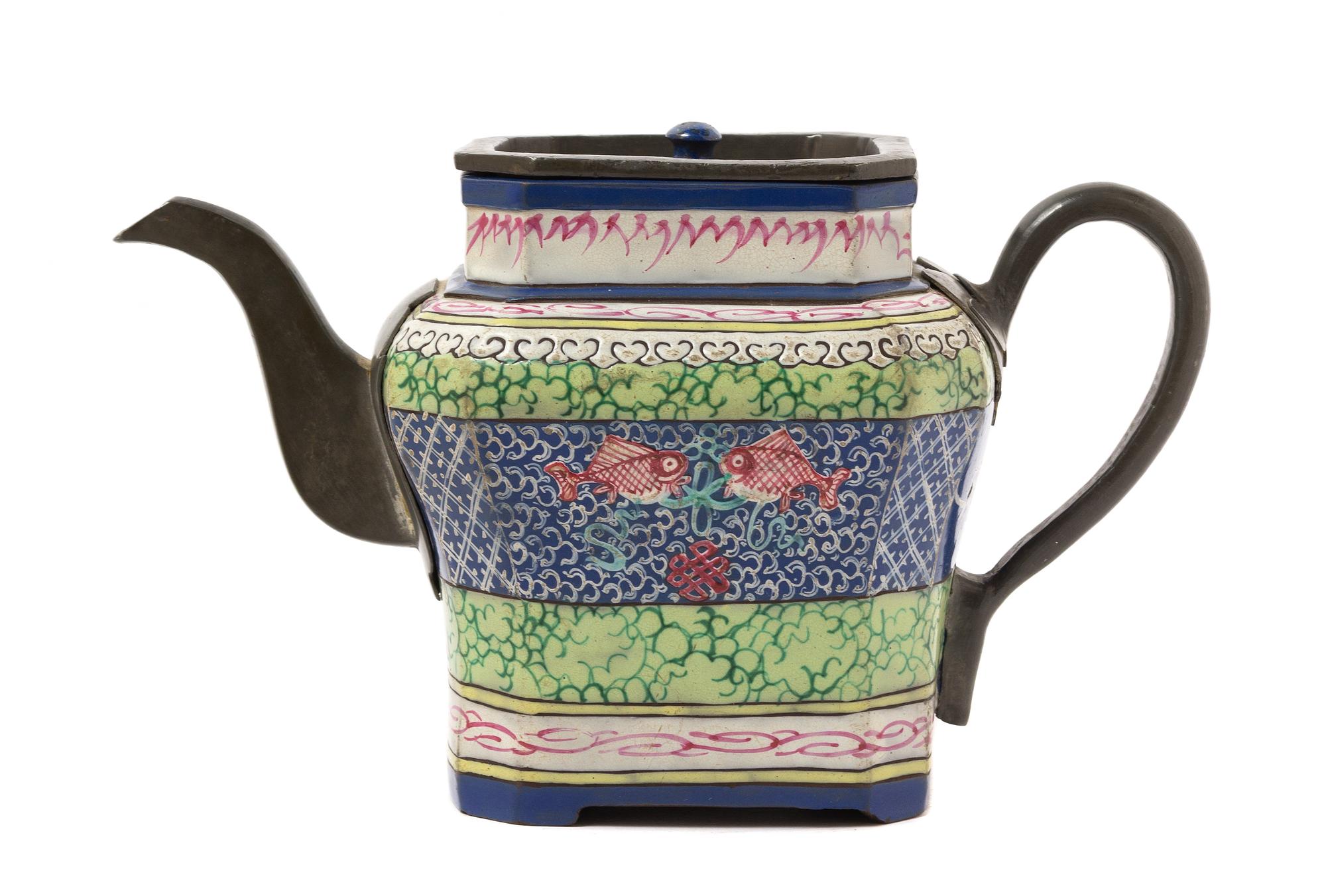 A Chinese Pewter Mounted Yixing Teapot 19TH CENTURY OR EARLIER Height 5 1/2 x width 9 inches. — 19TH CENTURY OR EARLIER