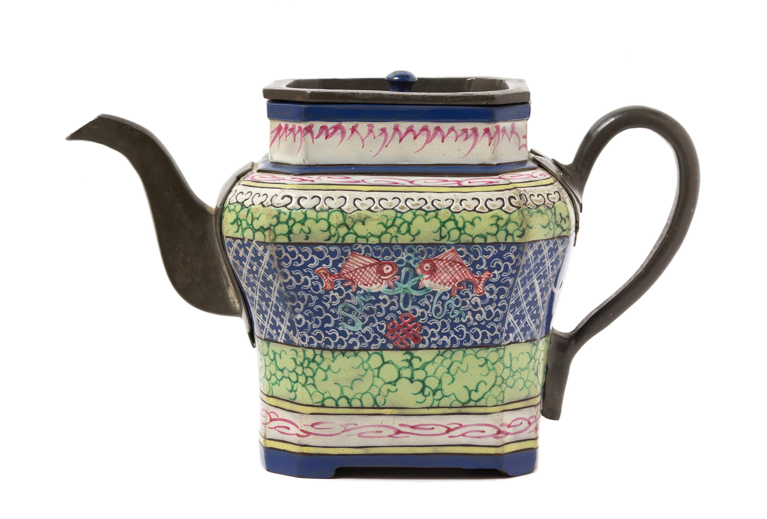 A Chinese Pewter Mounted Yixing Teapot 19TH CENTURY OR EARLIER Height 5 1/2 x width 9 inches. — 19TH CENTURY OR EARLIER