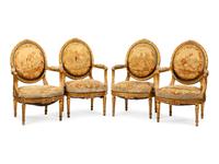 A Set of Four Louis XVI Style Aubusson Tapestry Upholstered Giltwood Fauteuils — CIRCA 1900