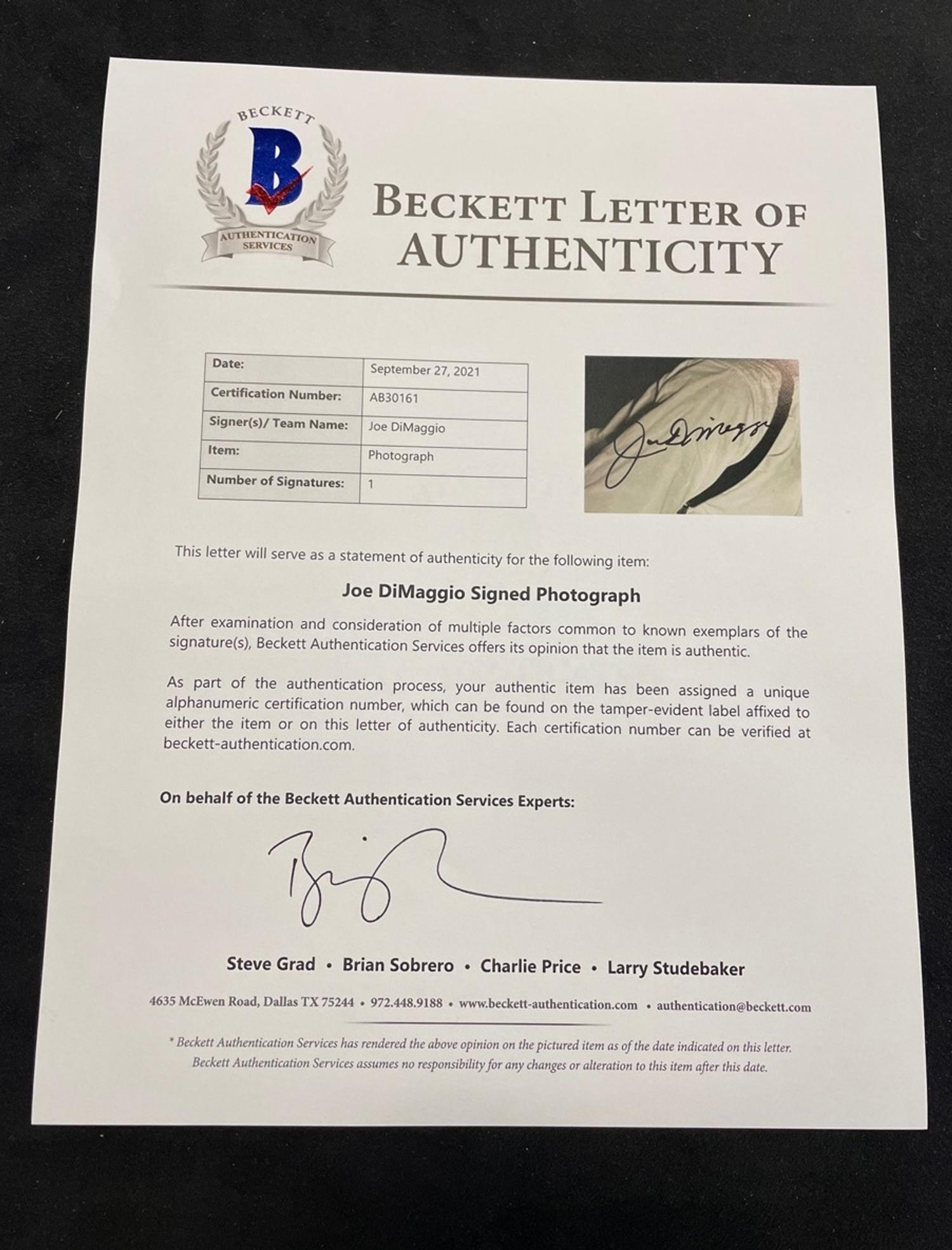 A Joe DiMaggio Signed Autograph Large Format Photograph (Beckett Authentication Services BAS Certified),