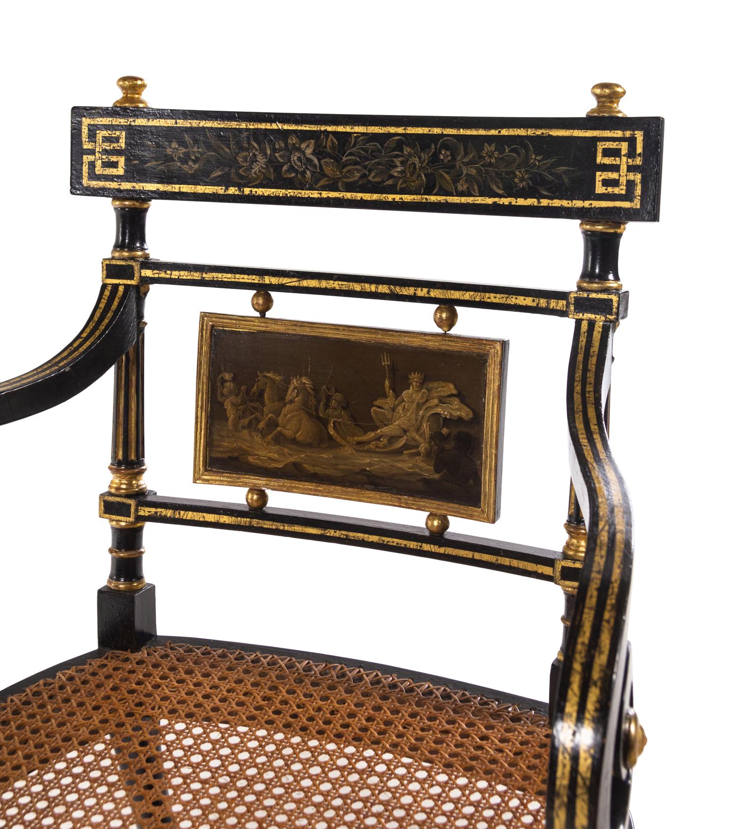 A Set of Six Regency Painted and Parcel Gilt Dining Chairs