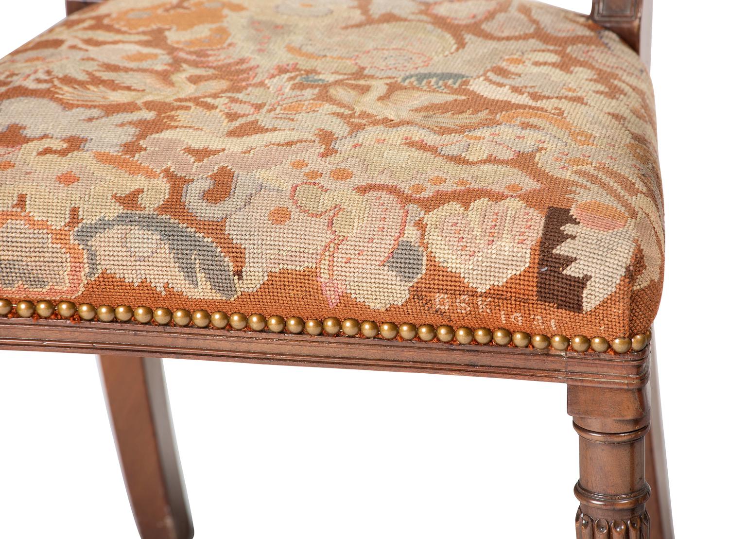 Seven Regency Style Brass Inlaid Mahogany Chairs