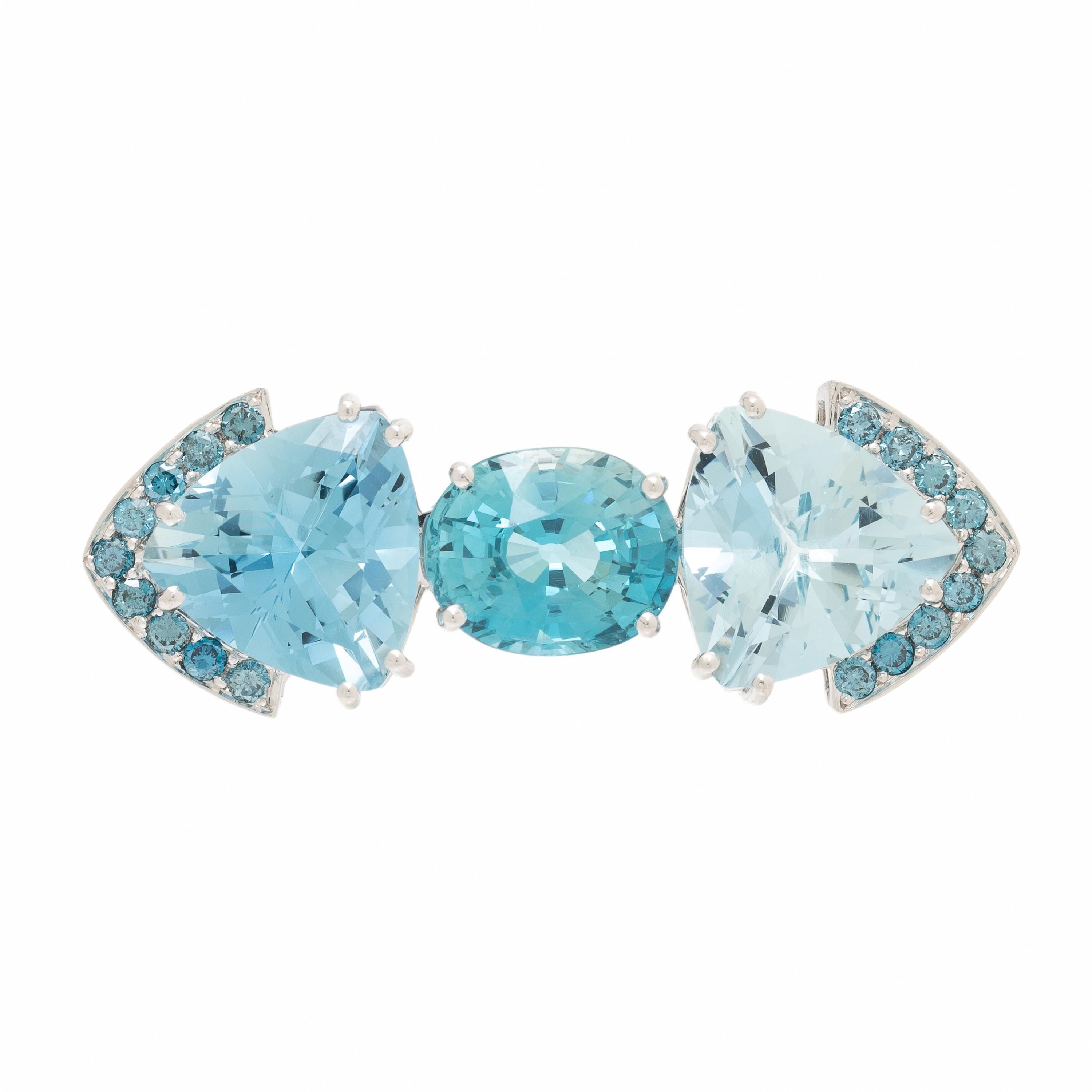 Blue Zircon, Aquamarine, and White Gold Brooch