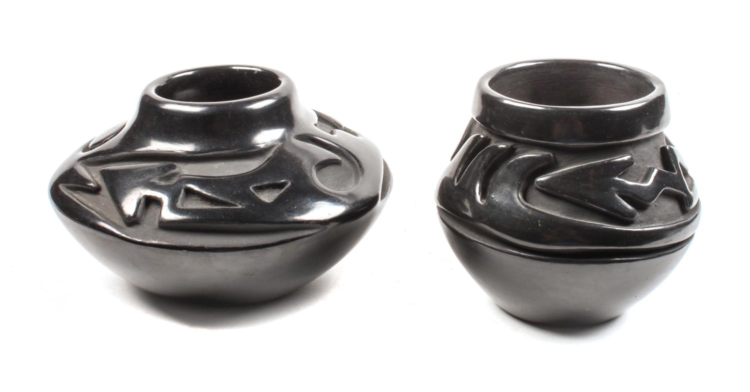Two Santa Clara Blackware Jars Height of first 4 x diameter 6 inches