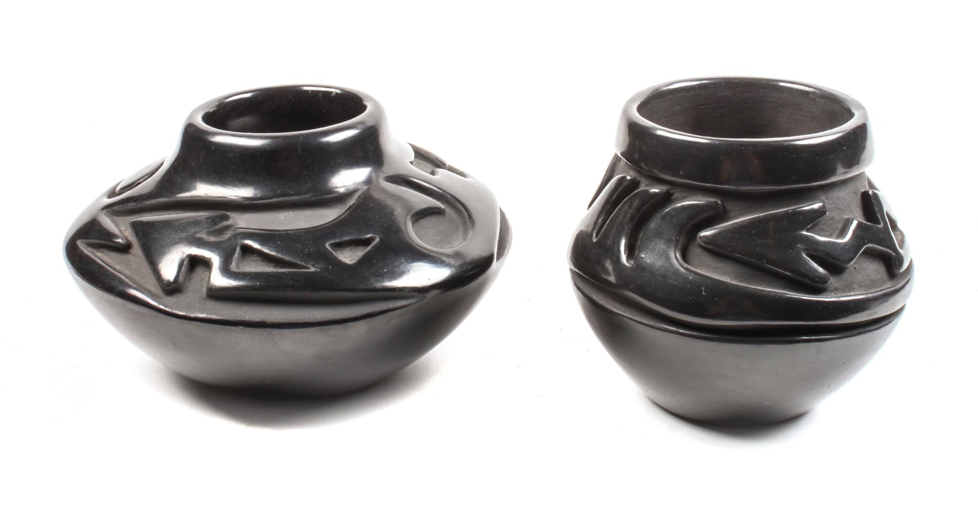 Two Santa Clara Blackware Jars Height of first 4 x diameter 6 inches