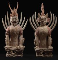 An impressive pair of large painted pottery "Earth Spirits" 镇墓兽一对 Tang dynasty ?