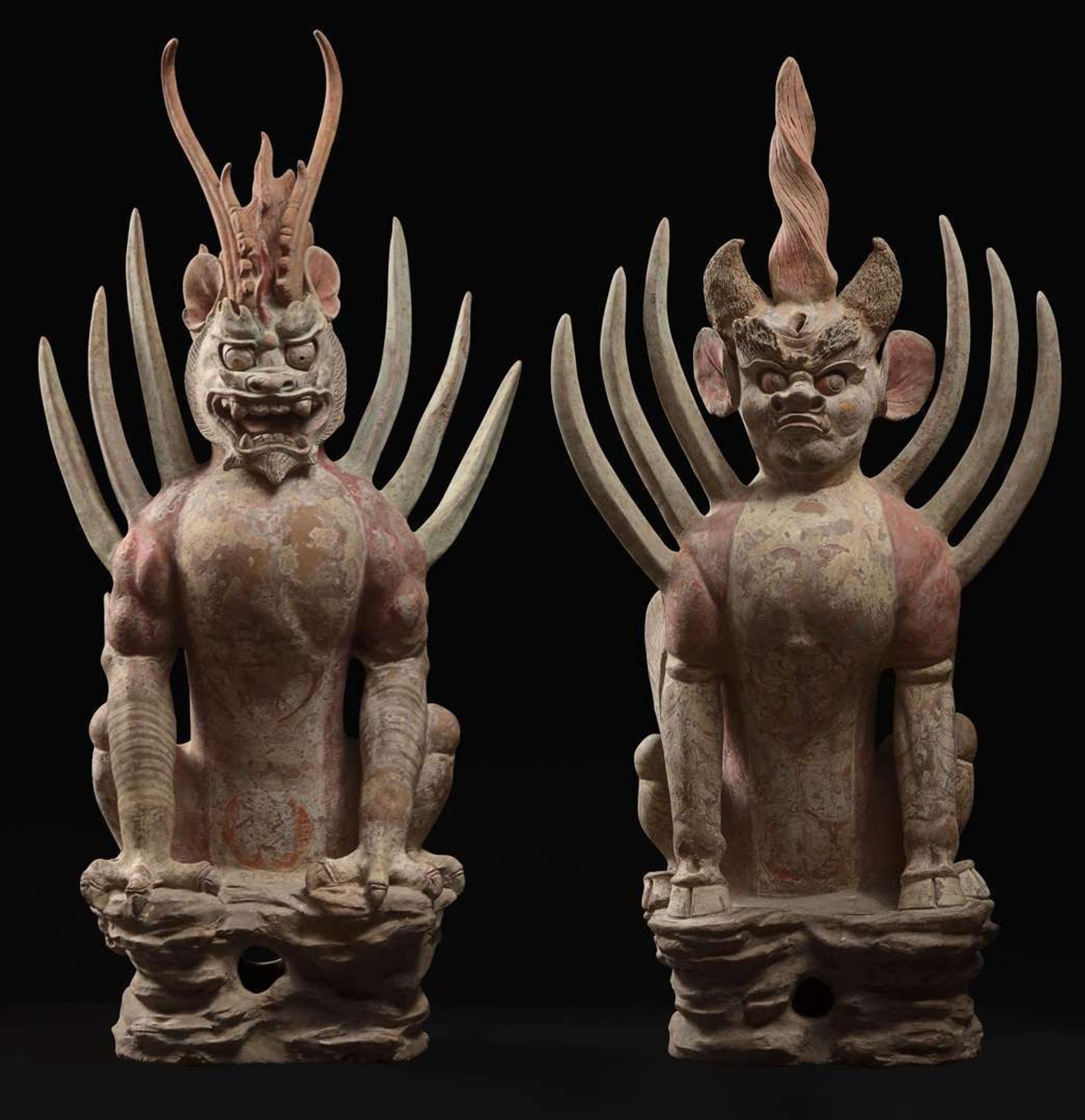 An impressive pair of large painted pottery "Earth Spirits" 镇墓兽一对 Tang dynasty ?