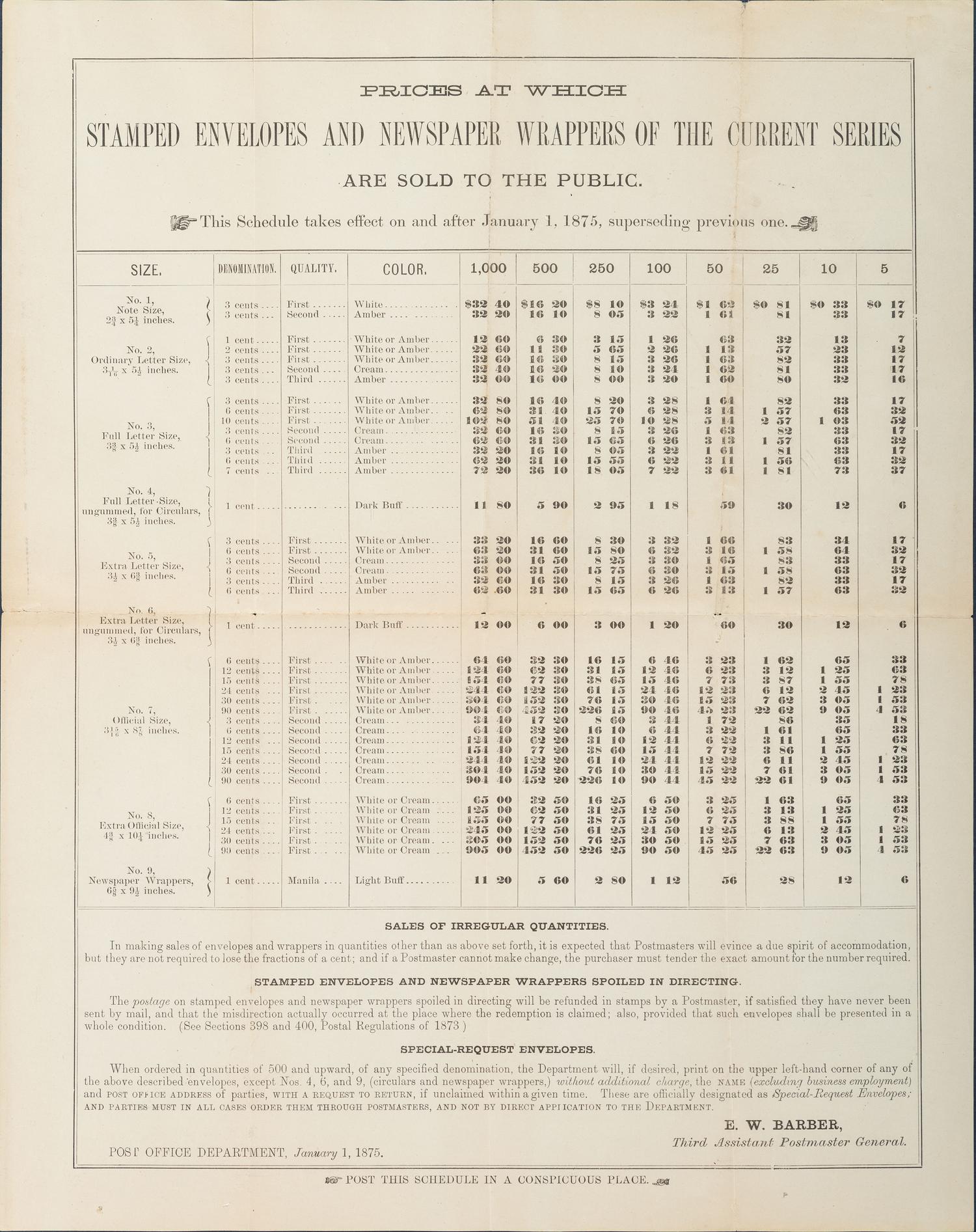 [POSTAL HISTORY]. A group of 4 19th - 20th century broadsides and posters involving the US Mail system, highlighted by: Arrival and Departure of the Mails at and from the Post-Office at Harrisburg, Pennsylvania. 30 November 1822.