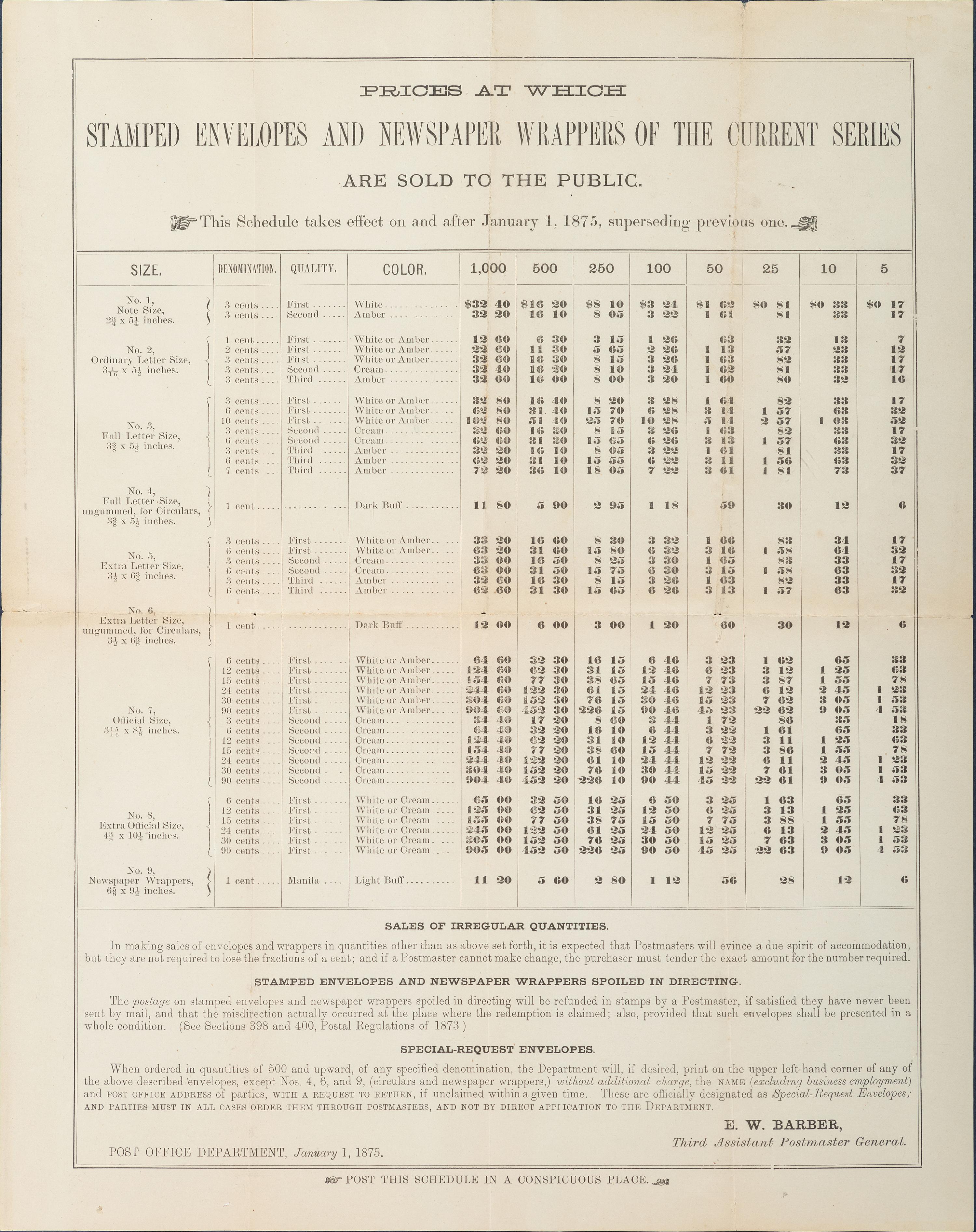 [POSTAL HISTORY]. A group of 4 19th - 20th century broadsides and posters involving the US Mail system, highlighted by: Arrival and Departure of the Mails at and from the Post-Office at Harrisburg, Pennsylvania. 30 November 1822.